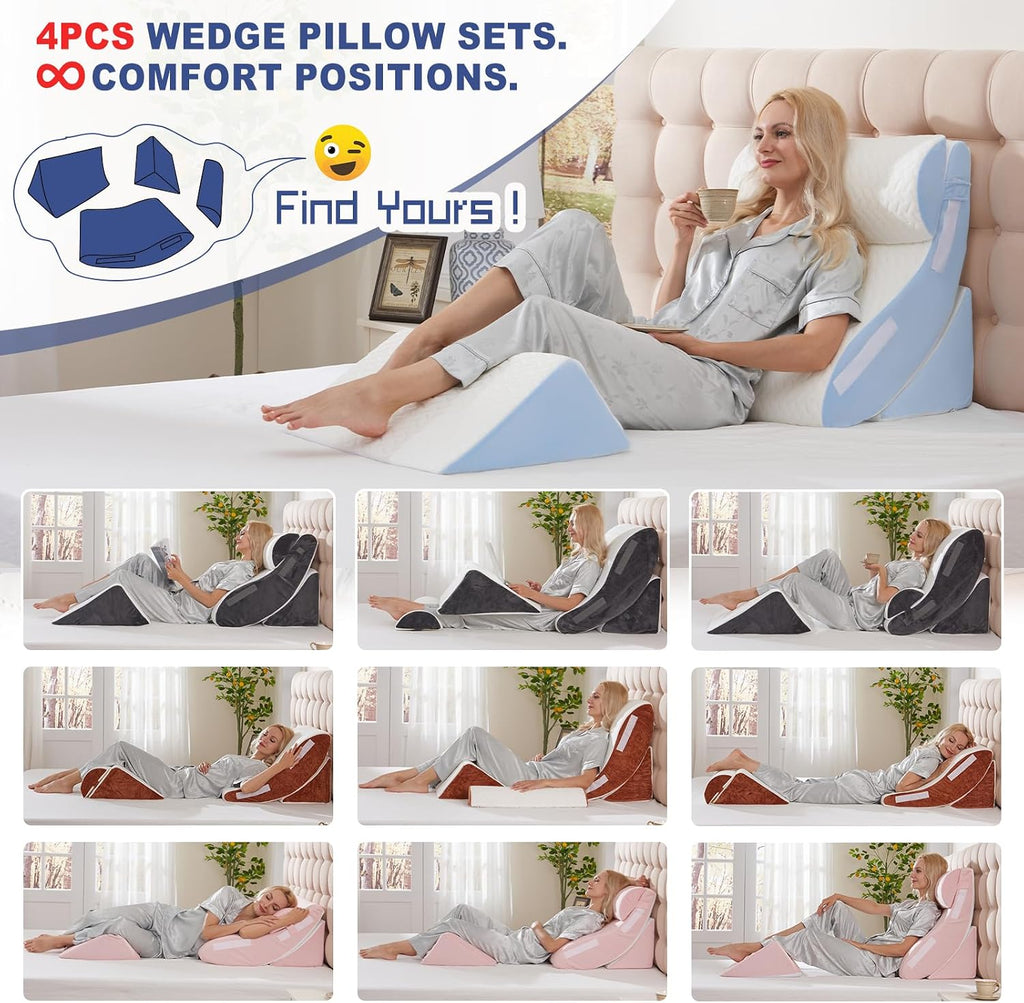 WSOFRLAC 4PCS Wedge Pillow Set for Sleeping – Orthopedic Bed Pillow for Post Surgery, Adjustable Memory Foam Support for Sitting Up in…