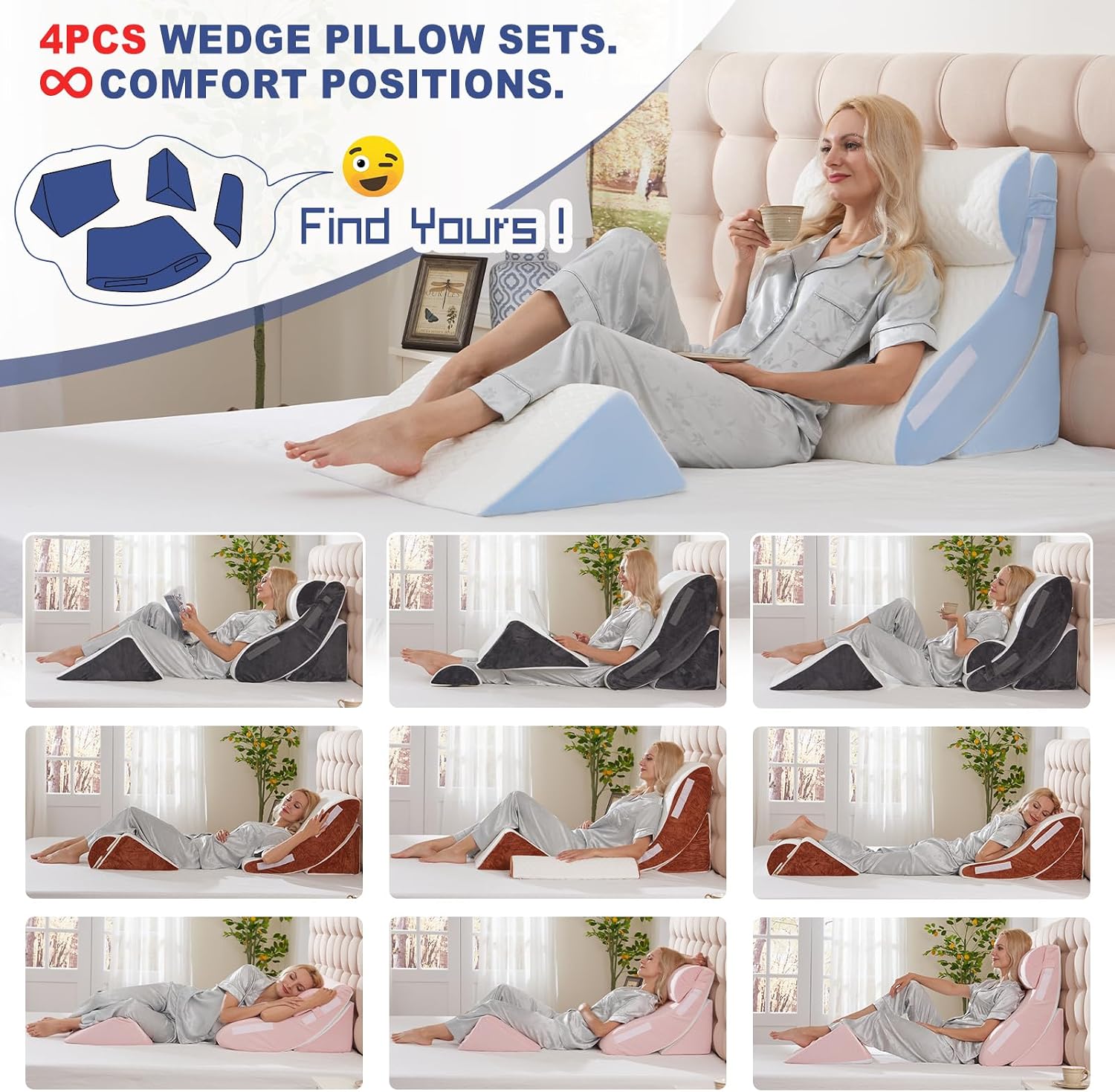 WSOFRLAC 4PCS Wedge Pillow Set for Sleeping – Orthopedic Bed Pillow for Post Surgery, Adjustable Memory Foam Support for Sitting Up in…