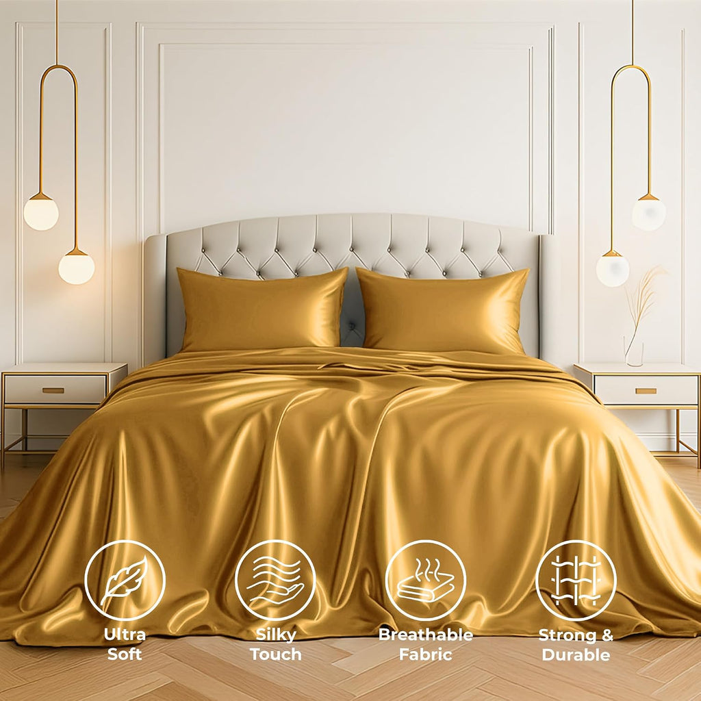 PureBedding Satin Sheets California King [4-Piece, Gold] Luxury Silky Bed Sheets - Extra Soft 1800 Microfiber Sheet Set, Wrinkle, Fade, Sta…