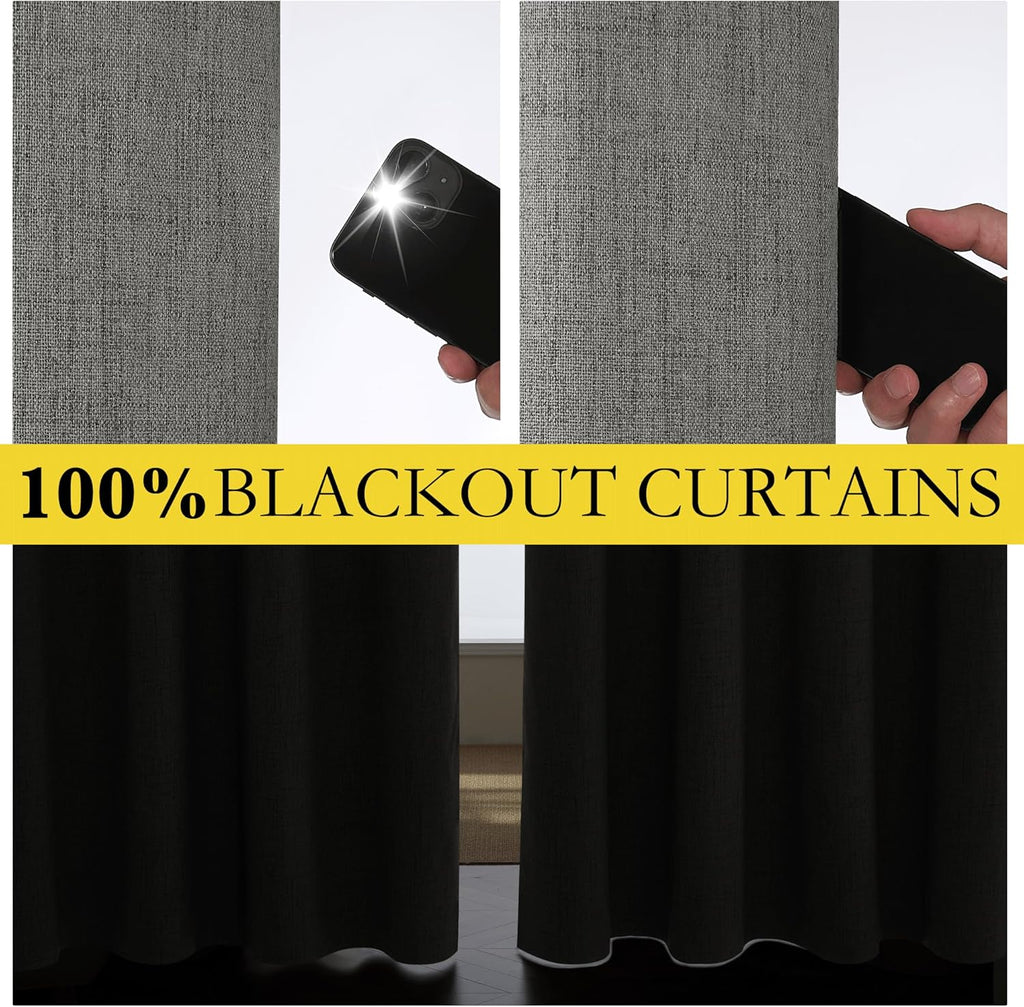 NICETOWN Grizzle Gray Vintage Linen 100% Blackout Curtains for Classroom, Thermal Insulated Curtains 72" Long, Noise Reducing Window…