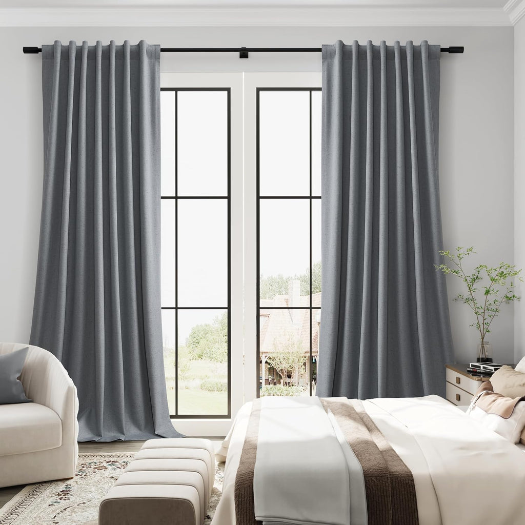 Guken Grey Linen 100% Blackout Curtains for Bedroom 96 Inches Long 2 Panels Set Back Tab Textured Modern Black Out Light Blocking Privacy C…