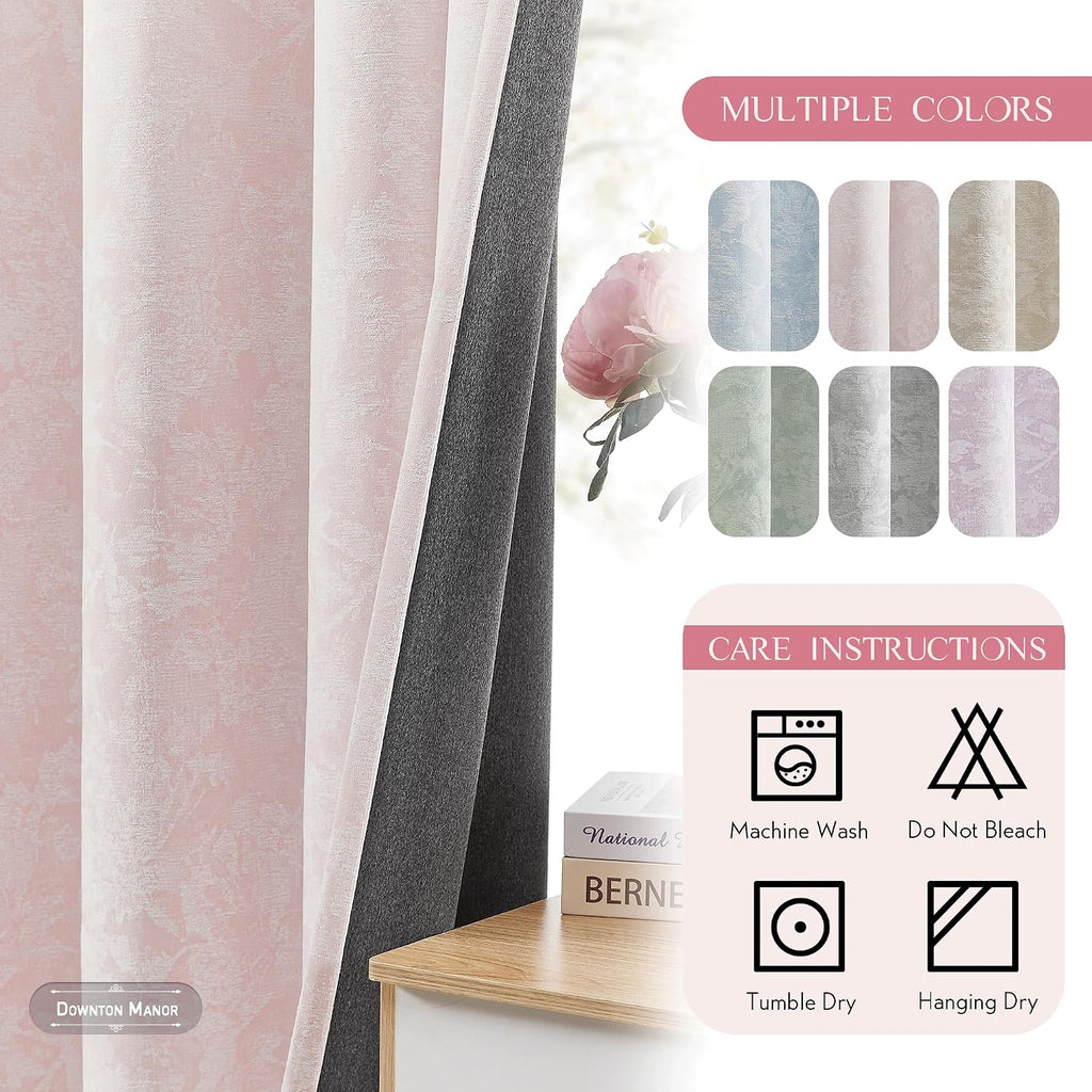 Beauoop Pink Floral Jacquard Blackout Curtains 84 Inches Long 2 Panels for Bedroom Living Room Chenille Flower Room Darkening Thermal…