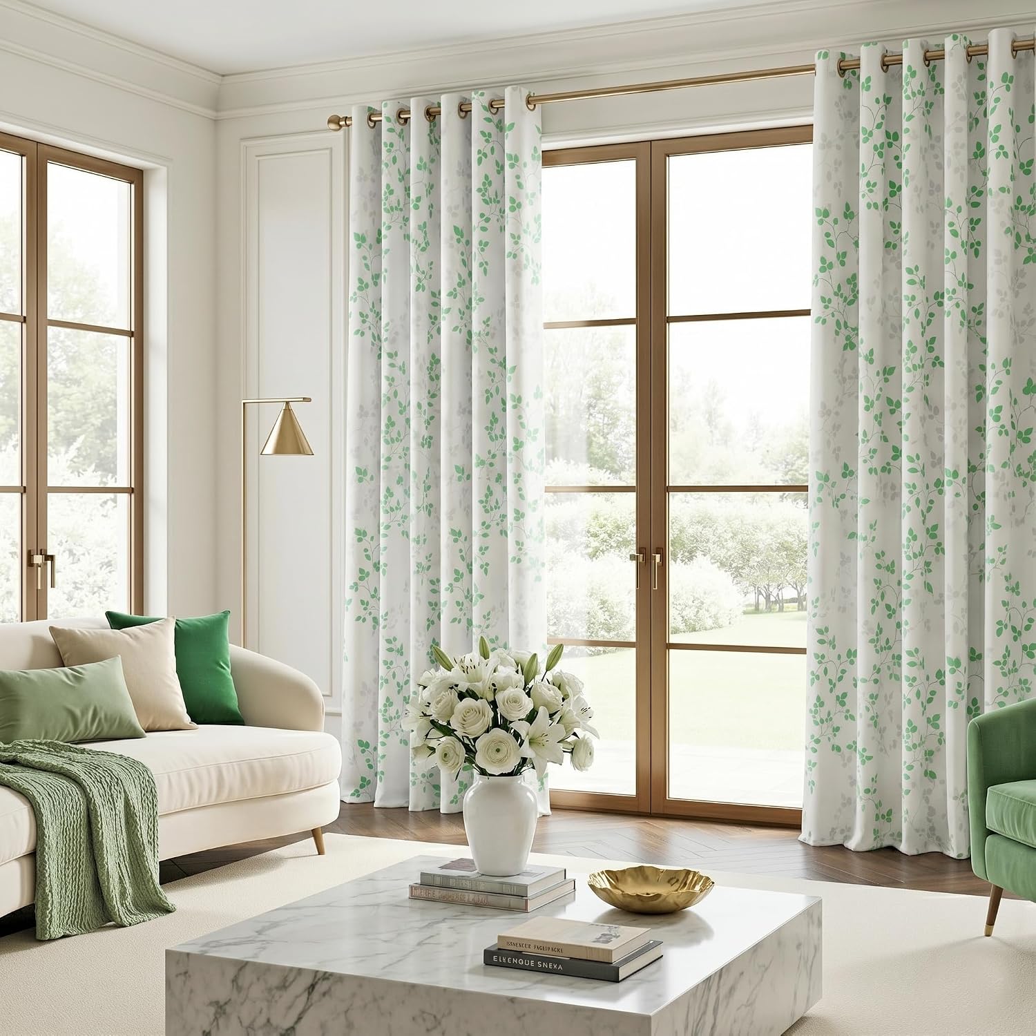 Meetsky 95% Blackout Curtains for Living Room - Sage Green and Grey Leaf Printed Curtain 96 Inches Long, Thermal Insulated Grommet Window D…