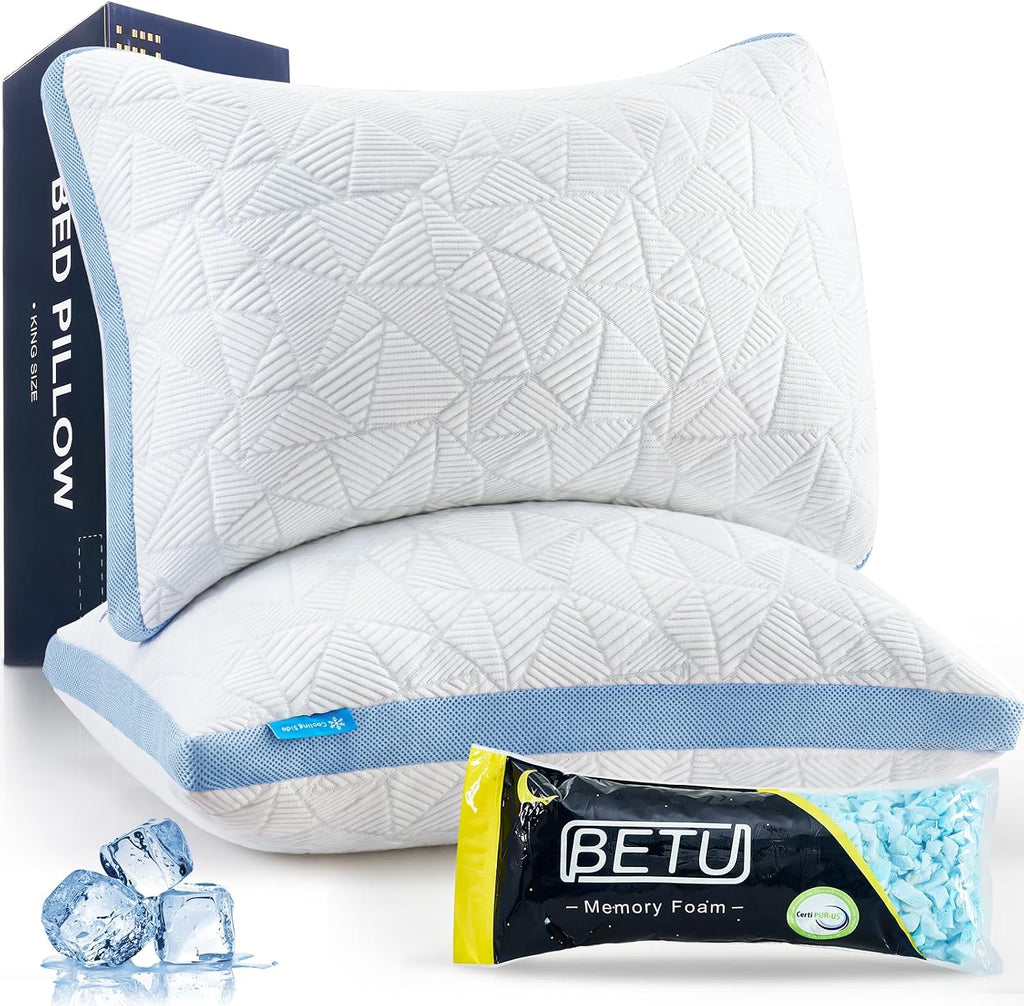 BETU Cooling Pillows Queen Size Set of 2, Shredded Memory Foam Cool Pillows for Hot Sleepers, Adjustable Firm Soft Support Bed Pillows…