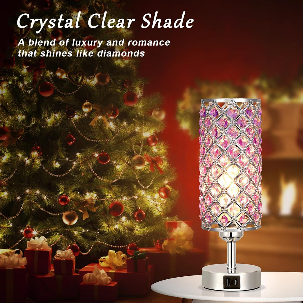 Hong-in Purple Lamp for Girls Room-Crystal Touch Lamp with USB-C+A Ports,3 Way Dimmable Bedside Light with Crystal Shade for Bedroom Home…