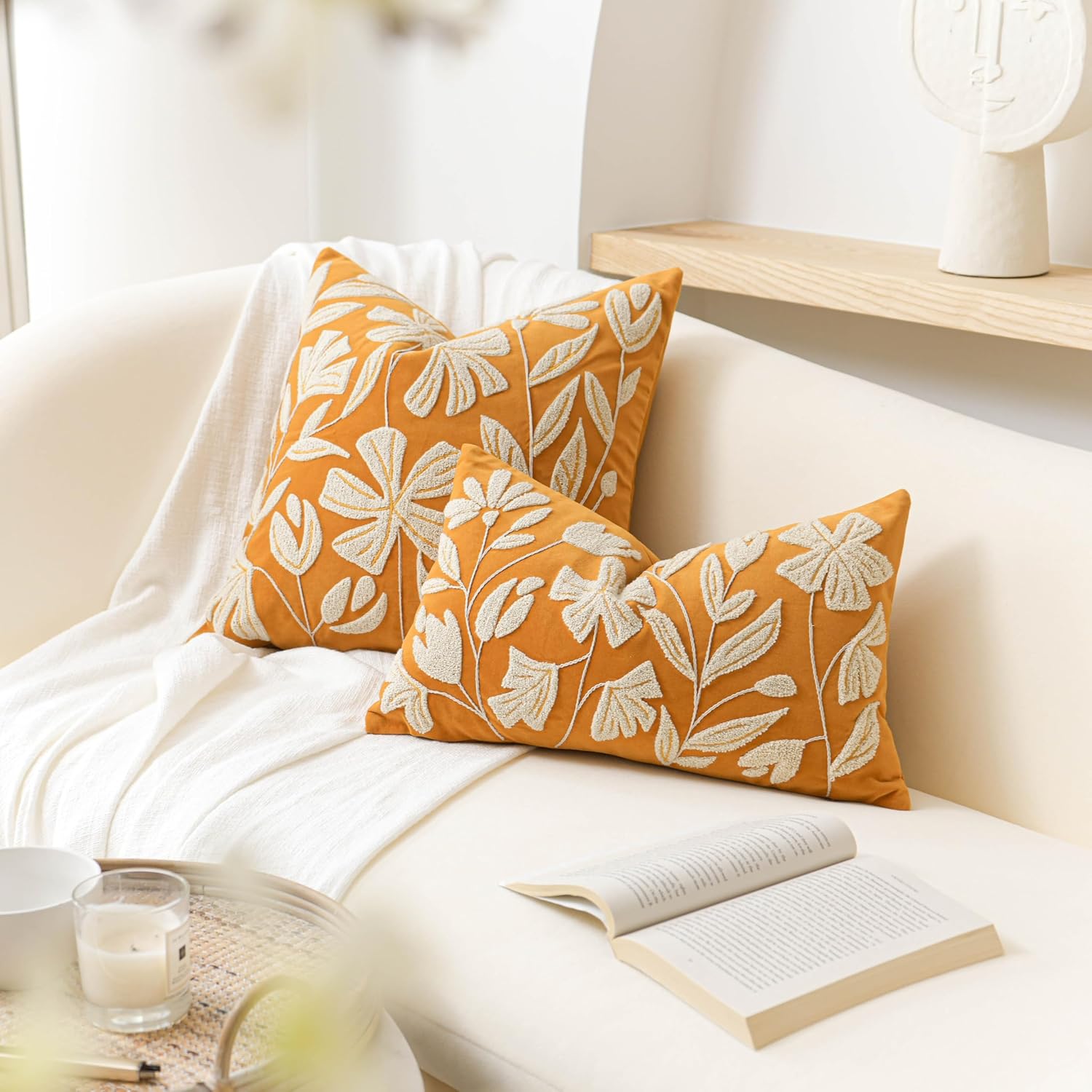 BlissBlush 20x20 Throw Pillow Cover, Mustard Yellow Square Decorative Cushion Cover for Couch Sofa, Floral Tufted Embroidered Velvet…