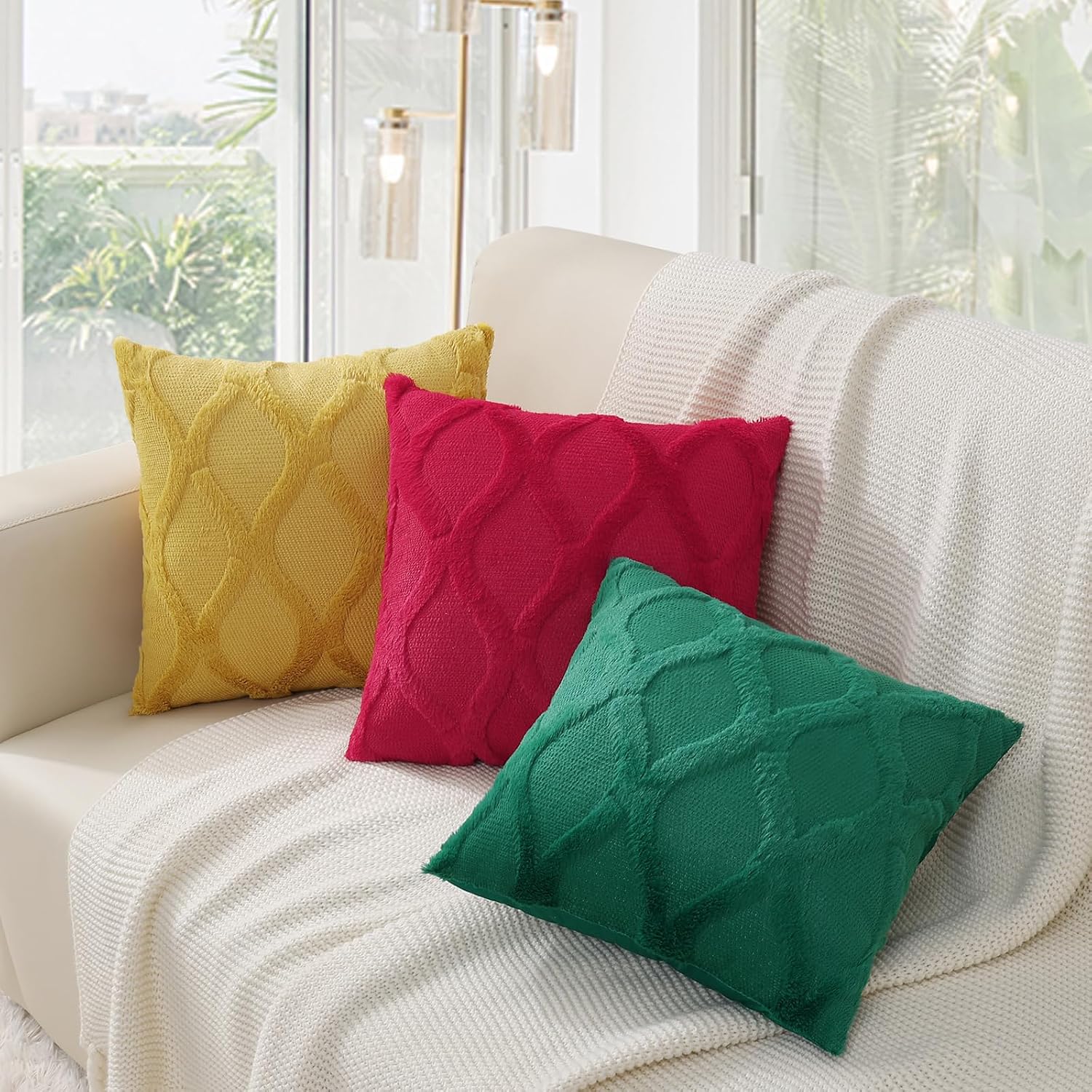 decorUhome Summer Euro Sham Throw Pillow Covers 22x22 Inch Set of 2, Soft Plush Faux Fur Wool Mustard Yellow Accent Couch Pillow Covers for…