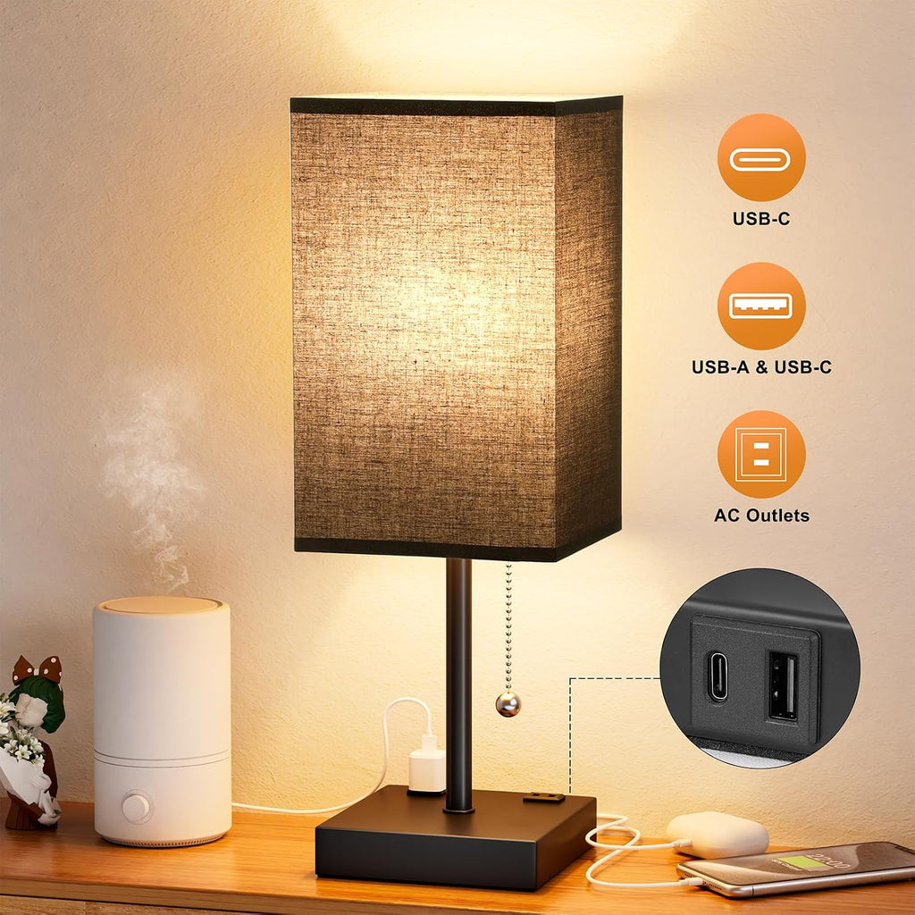 Aooshine Black Medium Table Lamp with USB Ports - 3 Color Temperature Bedside Lamp for Bedroom, Pull Chain Control, USB A and C Ports, 2 AC…