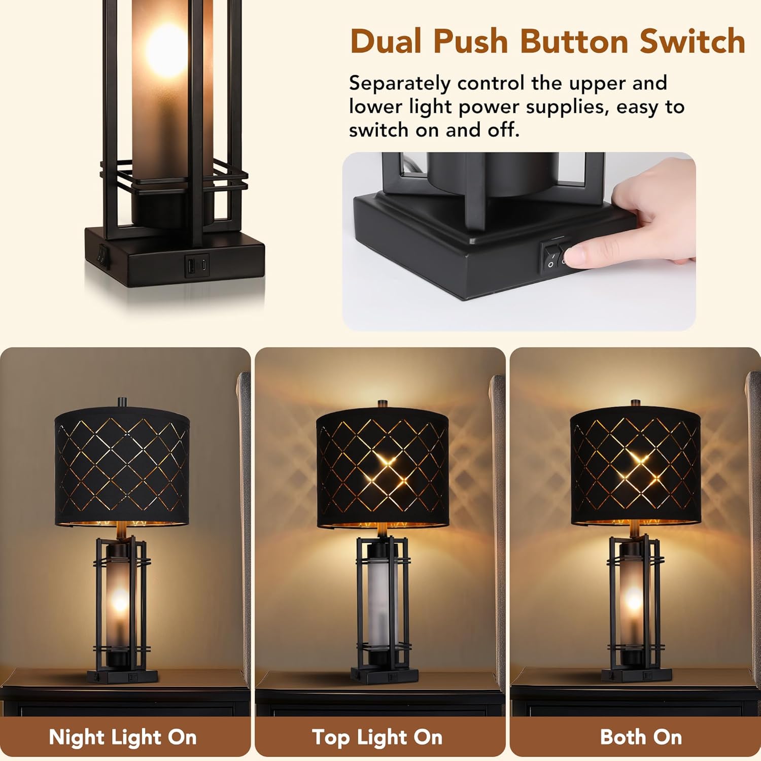 Modern Table Lamp Set of 2, Nightstand Lamps with Black Grid Shade, Bedside Lamps with USB A+C Charging Ports, Decorative Table Lamp…