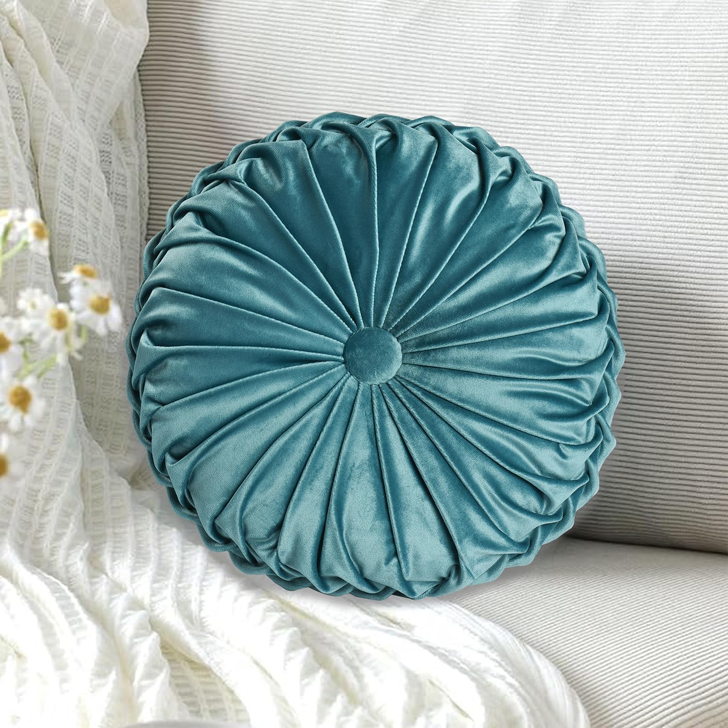 HIG Set of 2 Teal Ruched Velvet Round Throw Pillows – 14.5’’ Decorative Pillows with Soft Polyester Filling for Couch, Bed, Living Room…