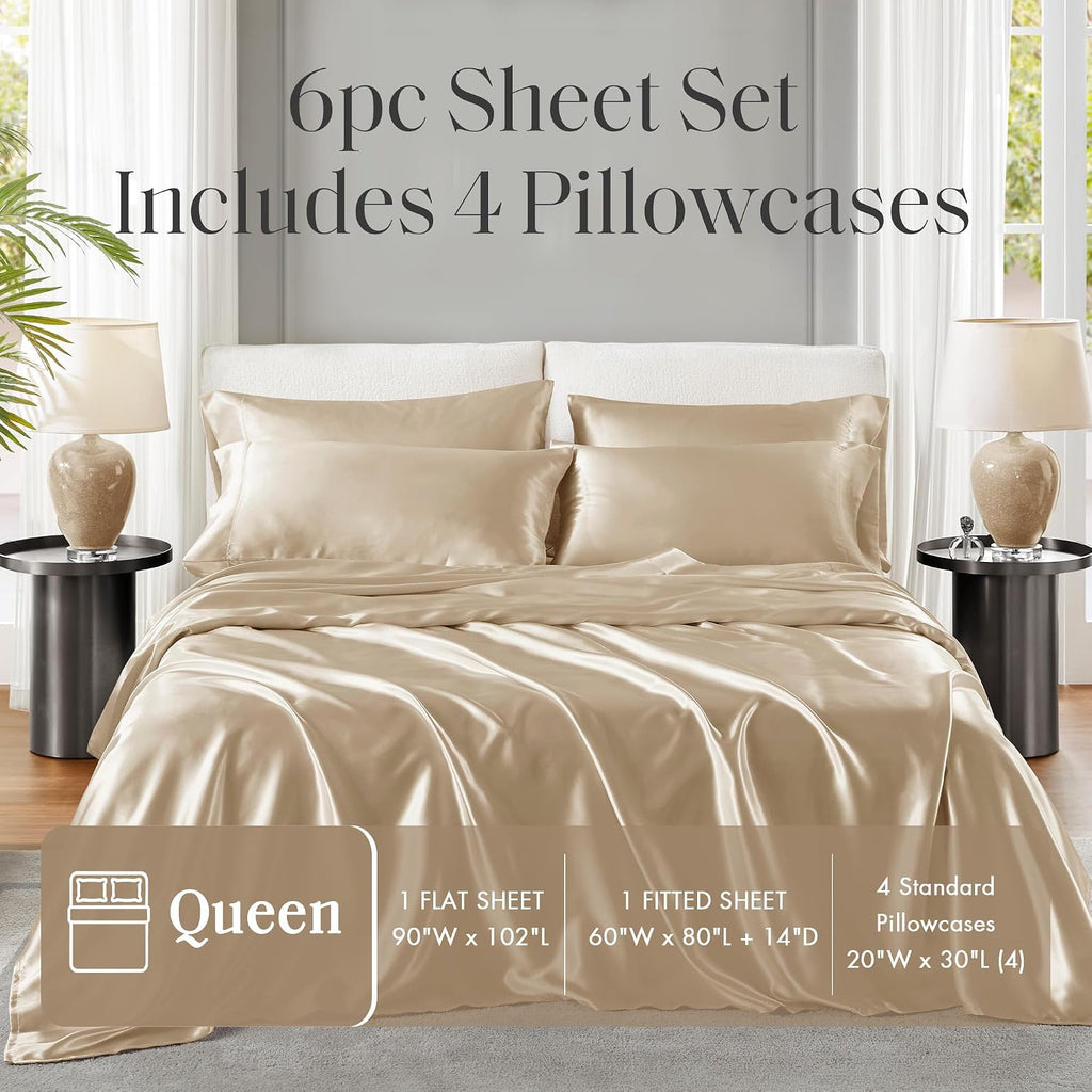 Madisonpark Madison Park Satin Sheets Queen Size, Luxurious Silky Bed Sheets, Elastic 14" Pocket fits up to 16" Mattress, Wrinkle-Free, Sof…