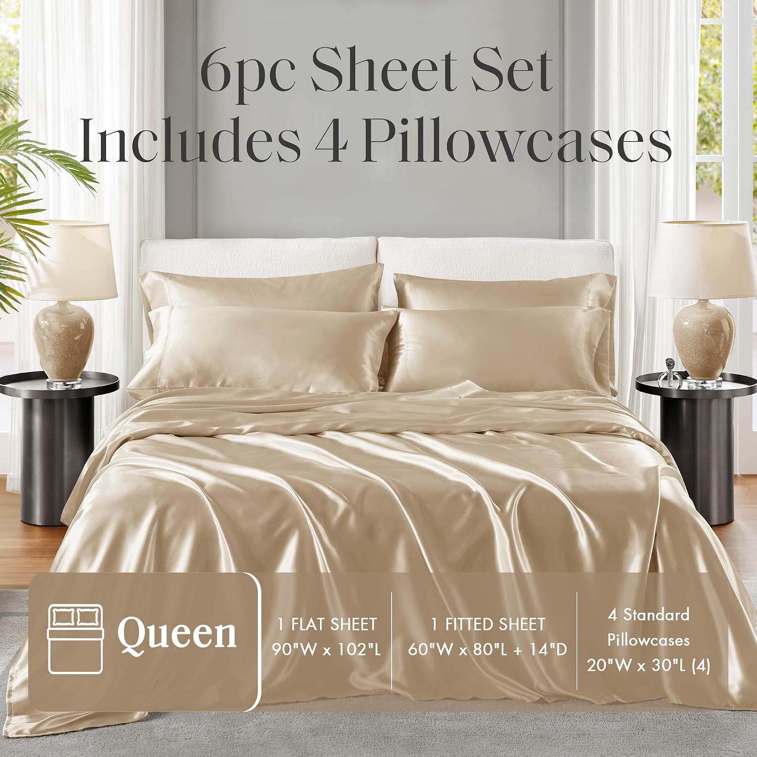 Madisonpark Madison Park Satin Sheets Queen Size, Luxurious Silky Bed Sheets, Elastic 14" Pocket fits up to 16" Mattress, Wrinkle-Free, Sof…