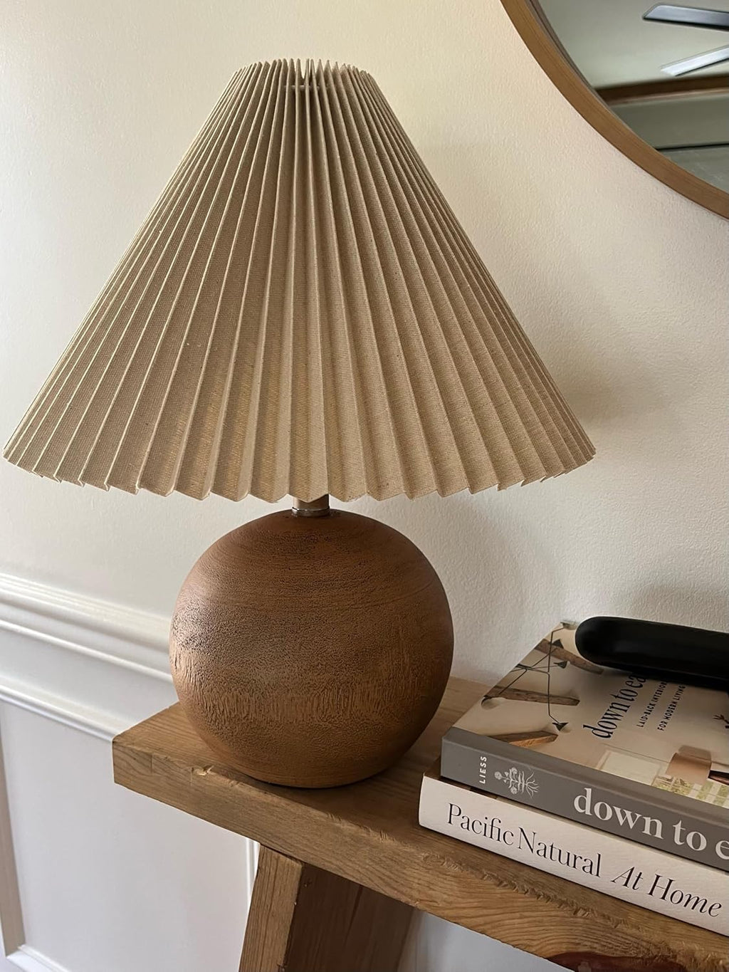 Jonathany JONATHAN Y 17.25" Brown Wood Finish Sphere Table Lamp, Mid-Century Bedside Nightstand with Beige Pleated Linen Shade, Scandinavia…