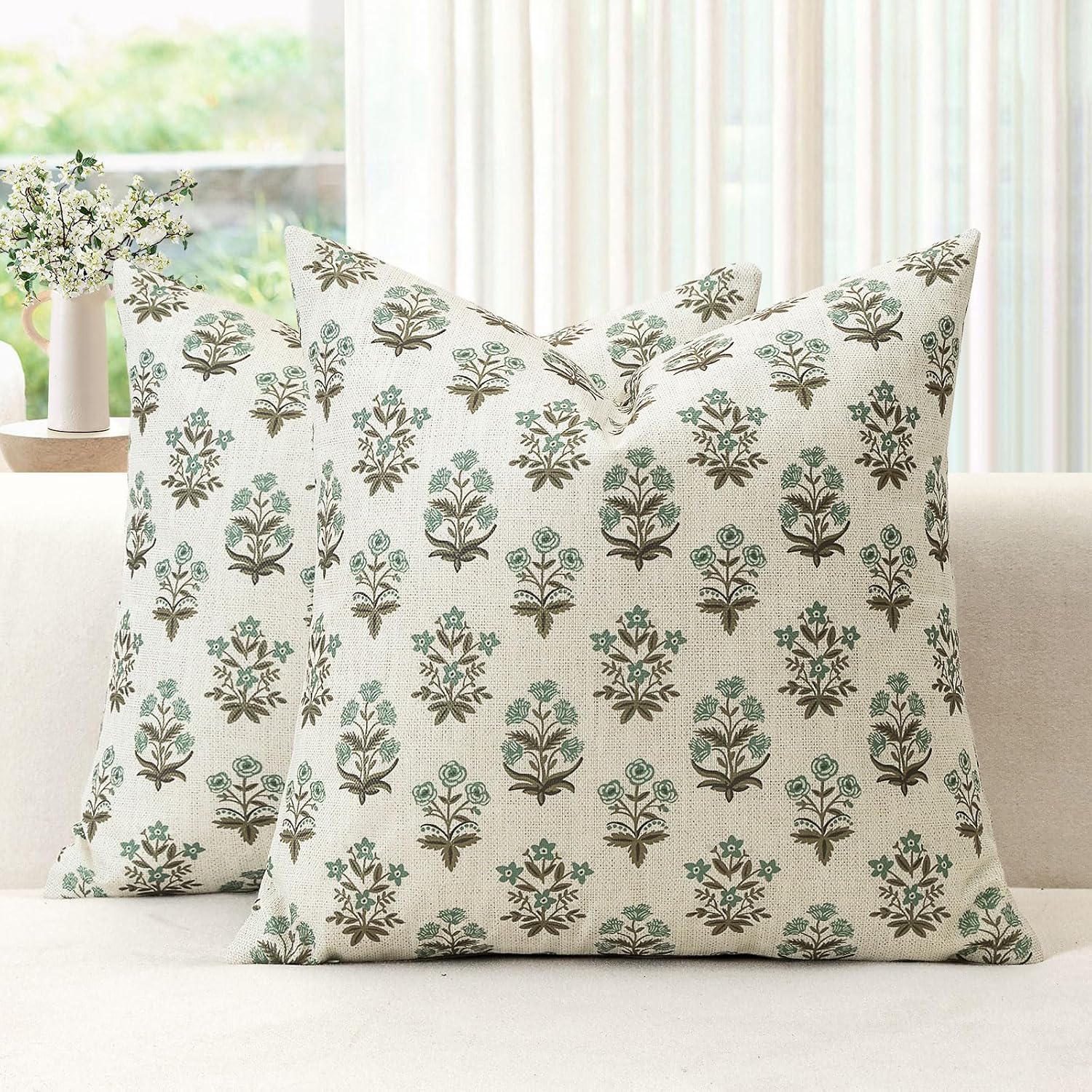 OTOSTAR Floral Print Pillow Covers 16x16 Inch Pack of 2 Double-Sided Brown Green Flower Square Throw Pillow Covers Farmhouse Rustic…