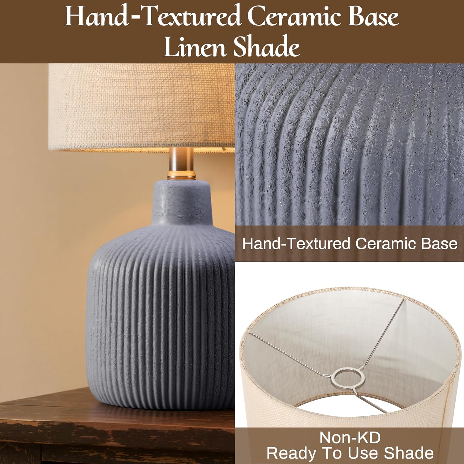 Ceramic Table Lamp, 17.75" Nautical Bedside Lamp with Beige Linen Shade, Warm Ambient Nightstand Lighting for Beach House, Navy Blue