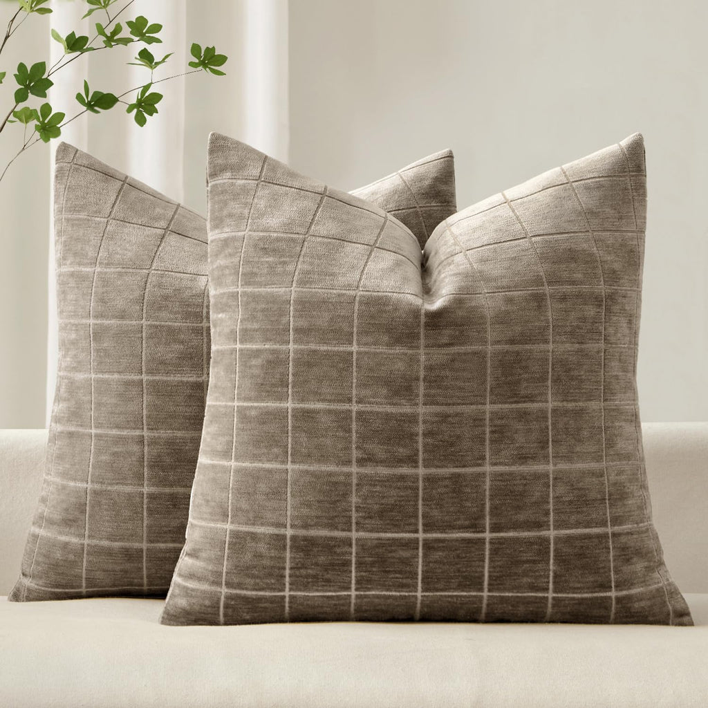 Miulee Decorative Chenille Check Throw Pillow Covers Vintage Plaid Couch Pillows 20x20 Inch Set of 2 Neutral Boho Farmhouse Cushion Covers…