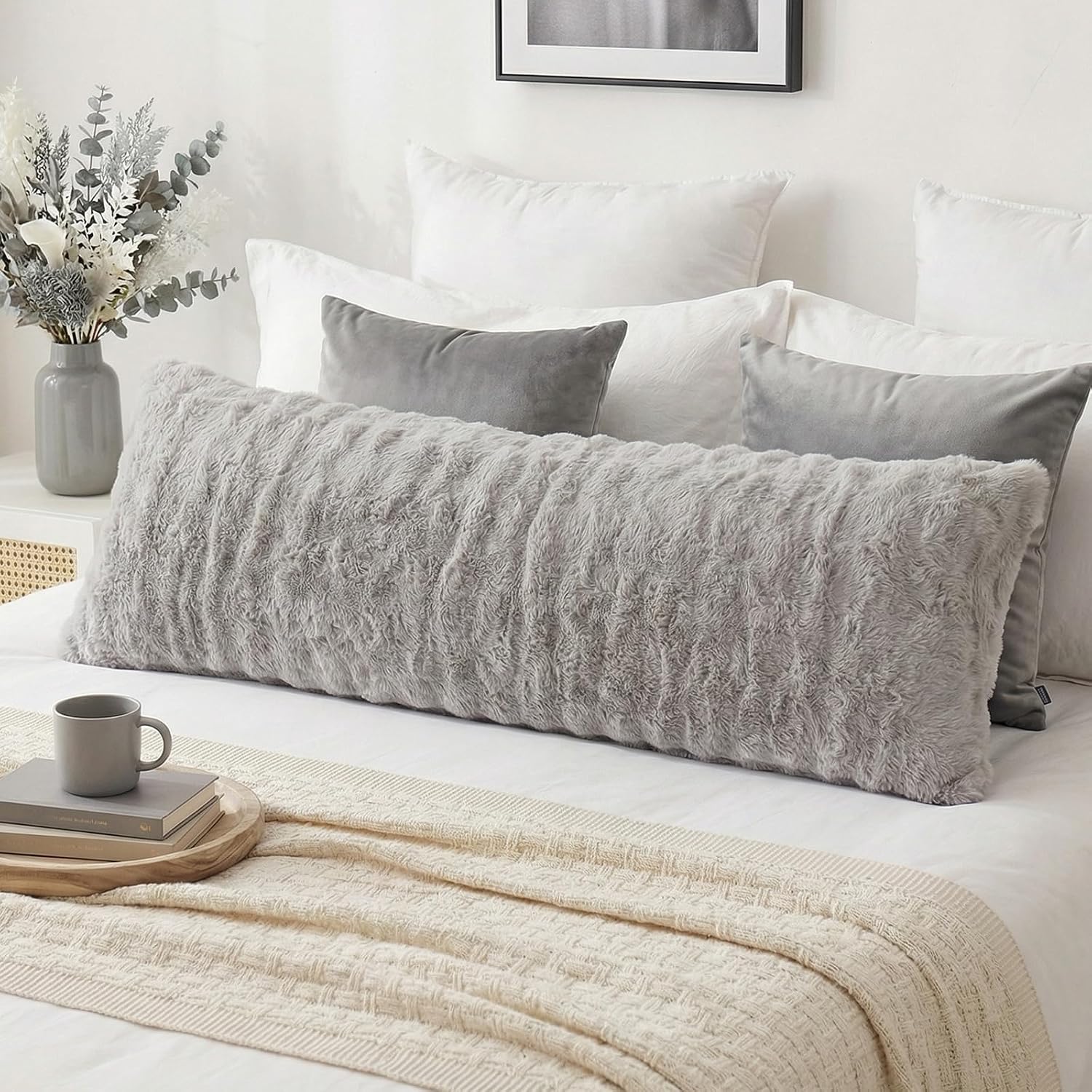 Chumerry Gray Faux Fur Body Pillow Cover 1 Piece, Soft Cozy Plush Shaggy Body Pillowcase Long Pillow Case, Plaid Geometric Decorative Bed P…