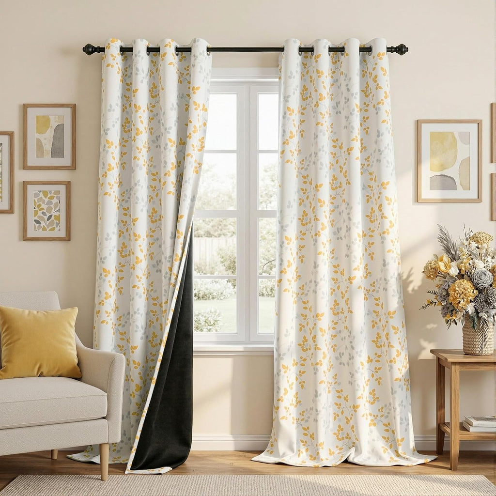 Meetsky 95% Blackout Curtains for Living Room 2 Panel Set - Room Darkening Thermal Insulated Grommet Window Drapes, Yellow Grey Leaf Printe…
