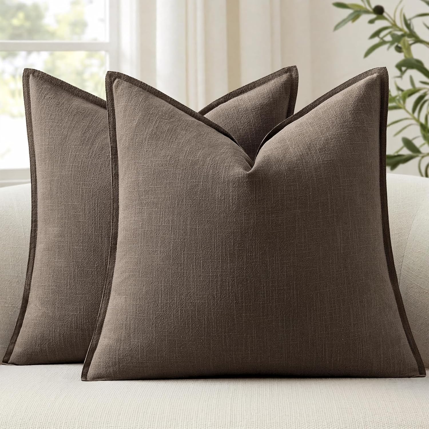 Anroduo Pack of 2 Decorative Linen Pillow Covers Taupe Neutral Farmhouse Boho Soild Cushion Case Soft Accent Pillowcase for Couch Sofa Bedr…