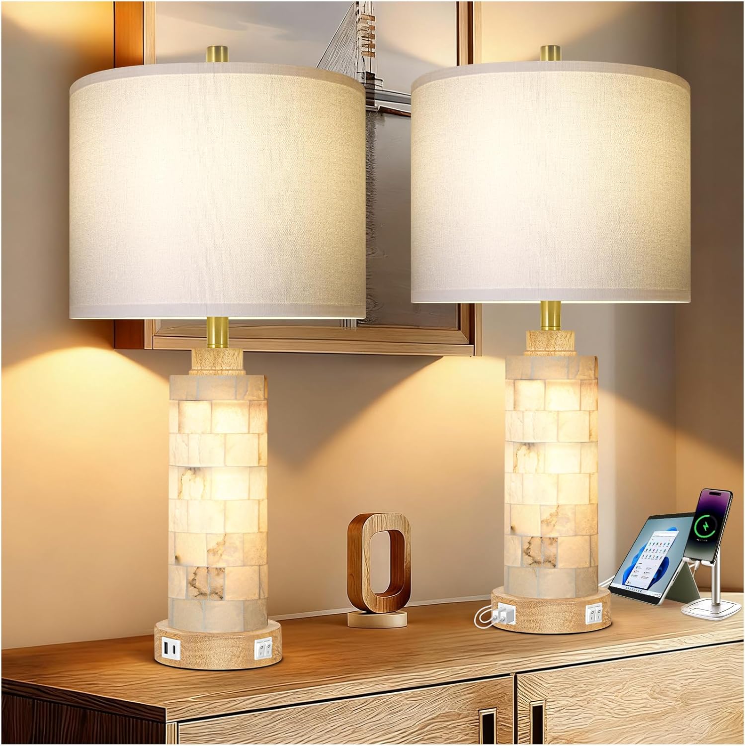 KIVDITZO 27" Alabaster and Wood Table Lamp Set of 2 with Night Light Nightstand Lamps with USB Ports White Linen Fabric Shade Bedside…