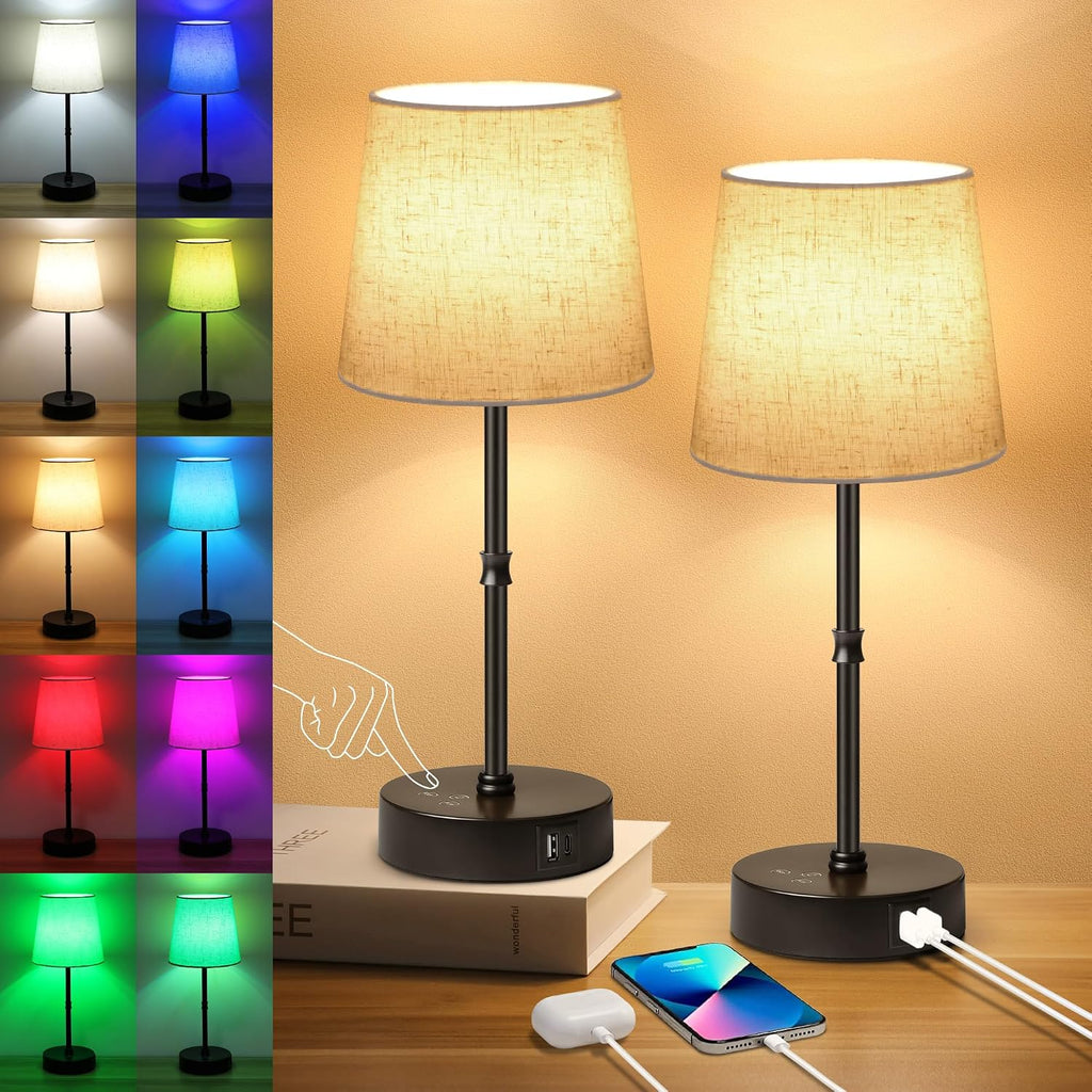 Ascher Bedside Table Lamp Set of 2, RGB Color Changing, 3 Color Temperatures, Dimmable Nightstand Lamp with USB C+A Ports, Touch Desk…