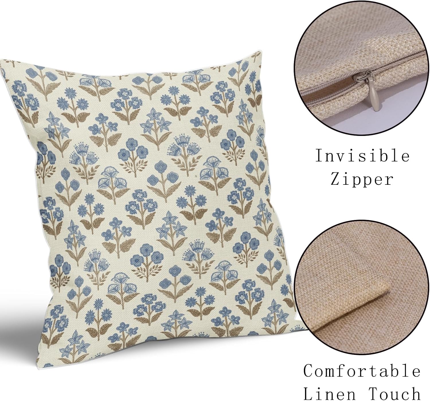 Brown Blue Floral Block Print Pillow Covers 16x16 Inch Set of 2, Vintage Flower Pattern Decorative Throw Pillowcases Outdoor Farmhouse…