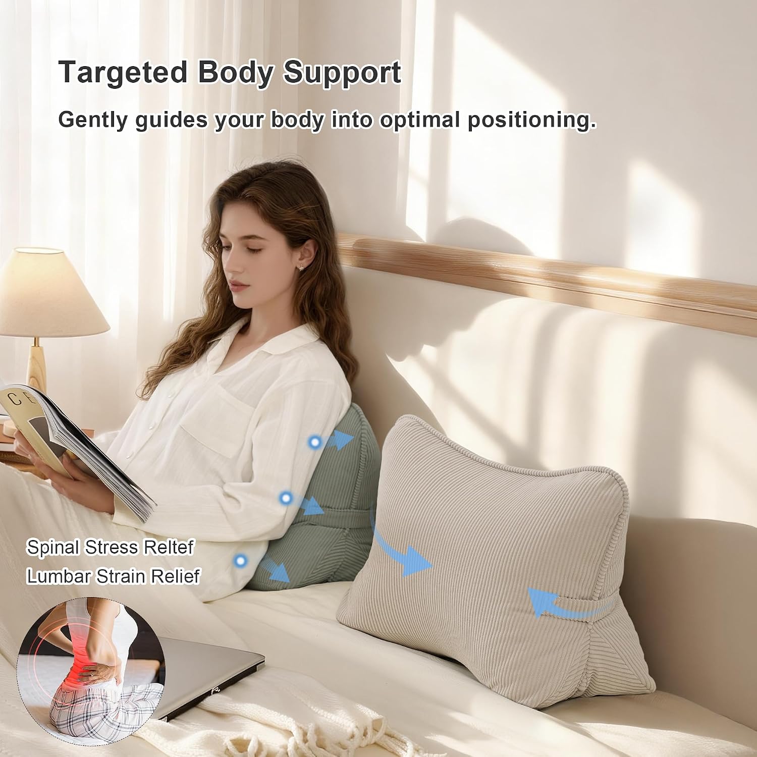 Pat. Pend. Corduroy Lumbar Support Back Pillow for Sitting Up & Reading, Ergonomic Triangle Back Support Cushion for Sofa, Armchair &…