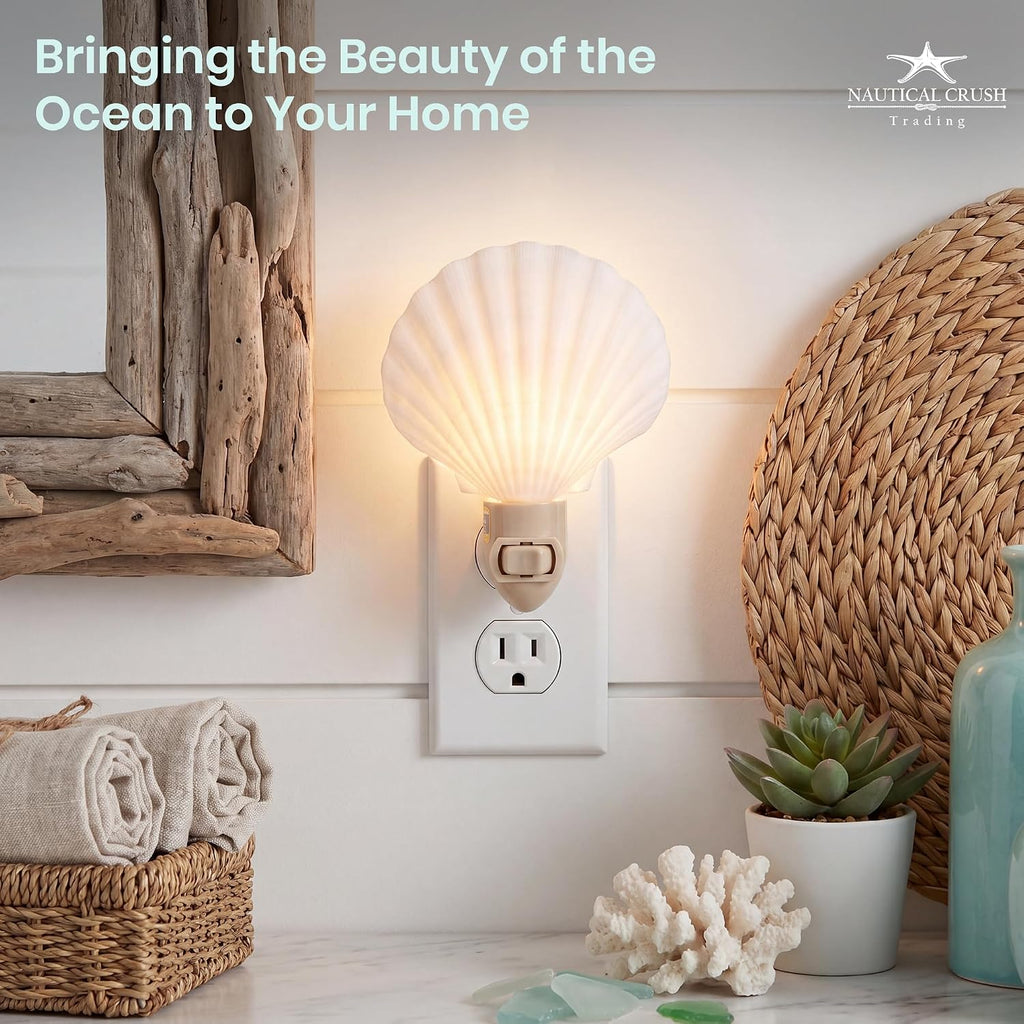 Nautical Crush Trading Seashell Night Light – Beach Night Light with White Clam – Shell Light for Bathroom – Sea Shell Lamp – Seashell…