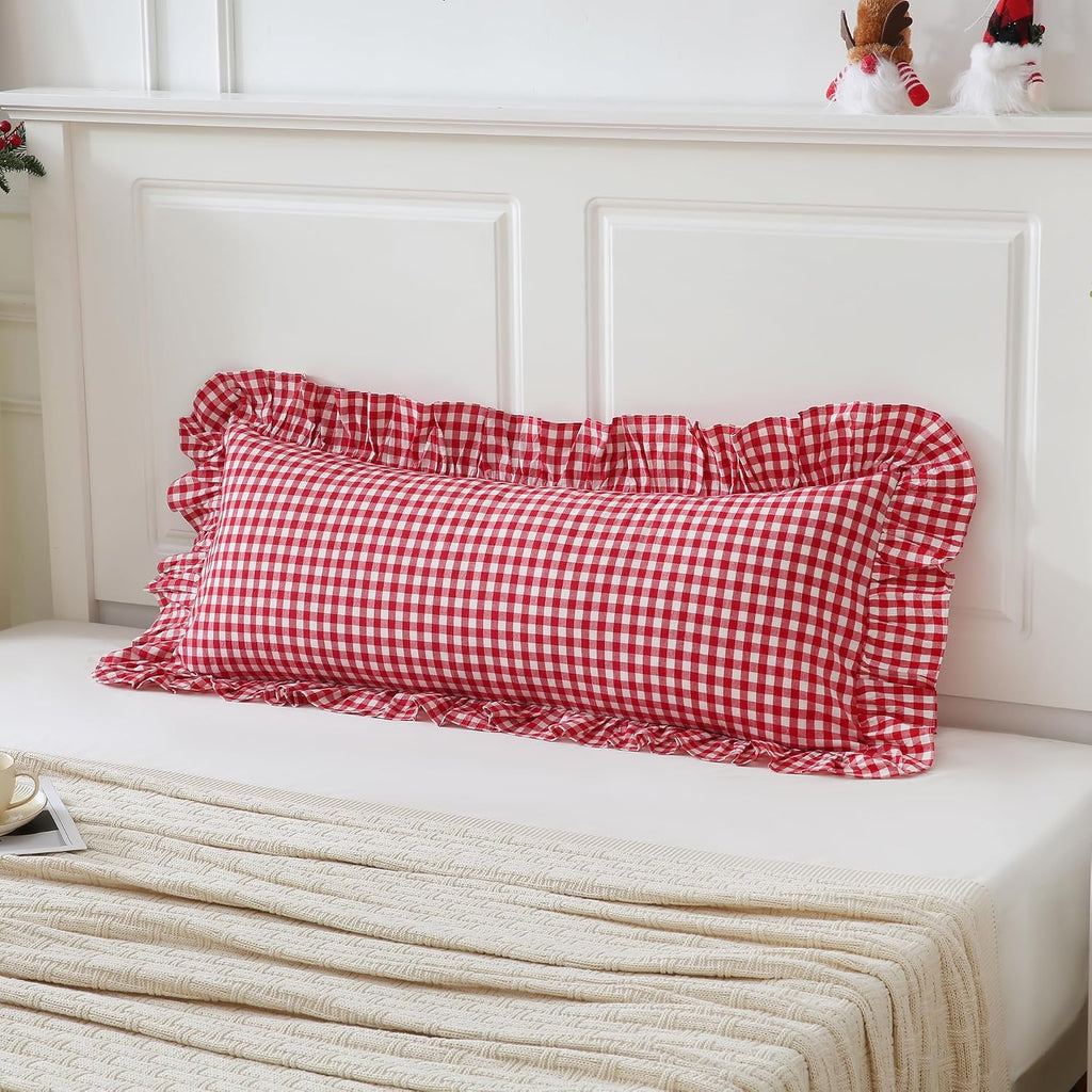 Qilunn 14x36 inches Red/White Plaid Ruffle Lumbar Gingham Pillow Sham 1 Piece, Pure Cotton Decor Pillowcase Farmhouse Pillow Cover for Bedd…