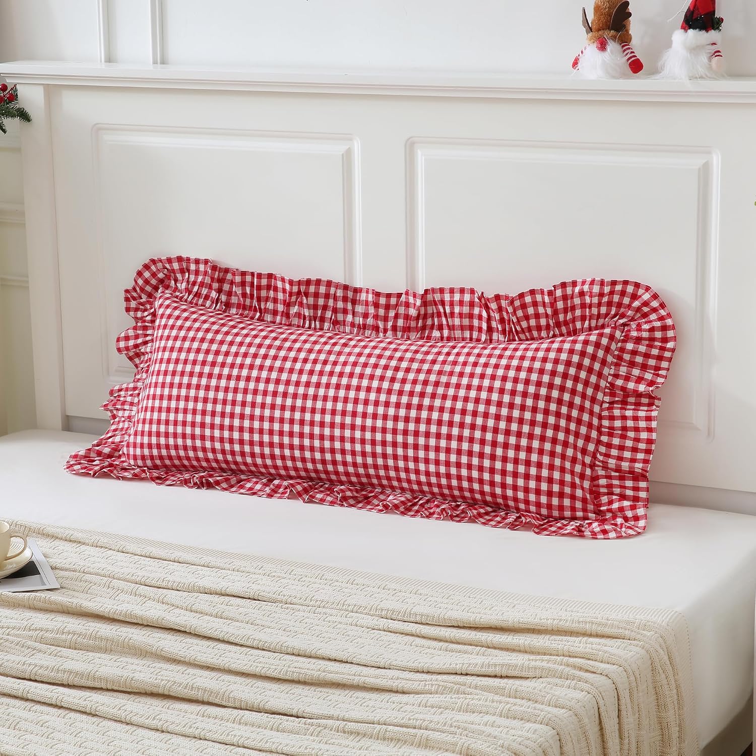 Qilunn 14x36 inches Red/White Plaid Ruffle Lumbar Gingham Pillow Sham 1 Piece, Pure Cotton Decor Pillowcase Farmhouse Pillow Cover for Bedd…