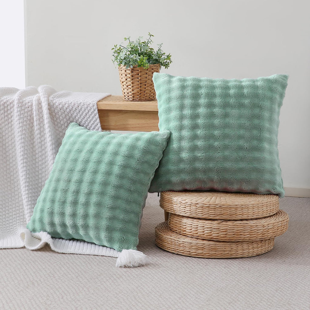 Sochow Decorative Throw Pillow Covers 18x18 Inches Set of 2, Soft Bubble Fleece Pillowcase Square Cushion Covers for Sofa Couch Bed, Sage G…