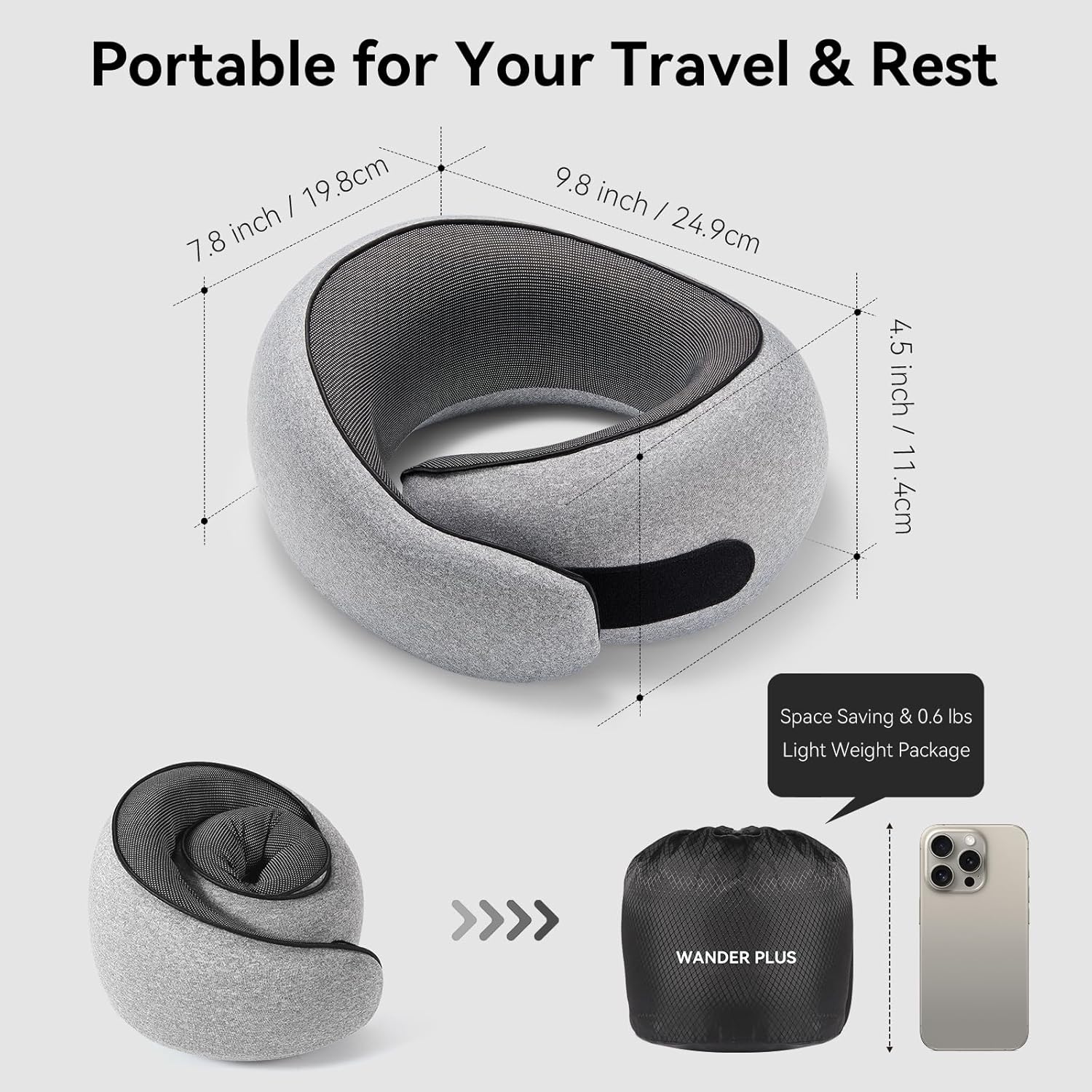 WANDER PLUS® Travel Pillow, 100% Pure Memory Foam Travel Neck Pillow Airplane Neck Support Ergonomic Design Best for Sleeping Plane Car…