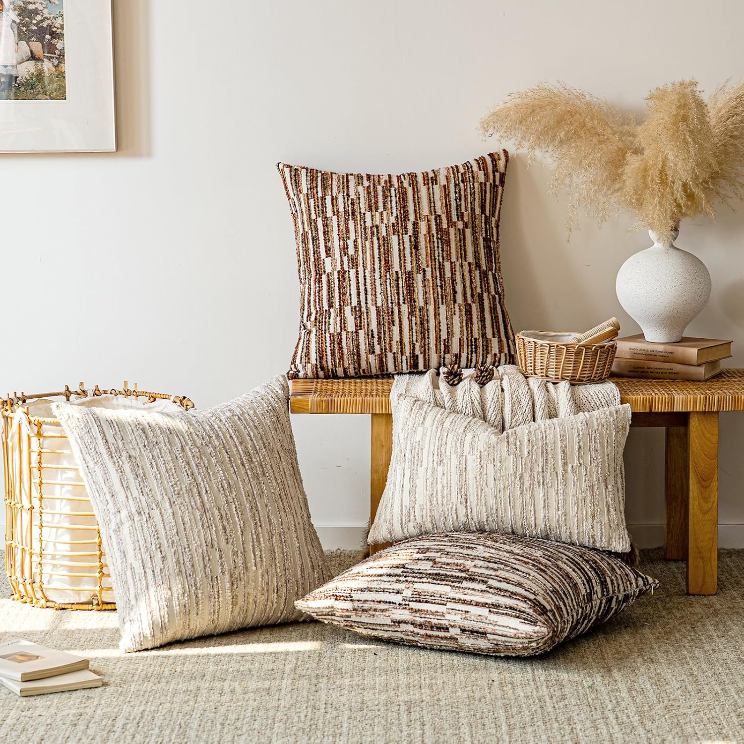 amoment a moment Boho Throw Pillow Covers Set of 2, Striped Decorative Rustic Farmhouse Pillow Cases, Aesthetic Modern Home Decor Couch Cushi…