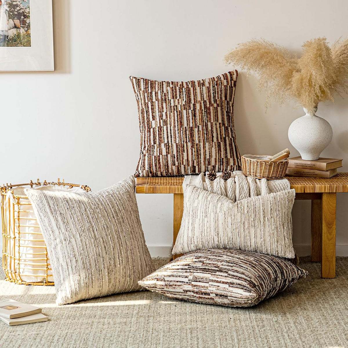 amoment a moment Boho Throw Pillow Covers Set of 2, Striped Decorative Rustic Farmhouse Pillow Cases, Aesthetic Modern Home Decor Couch Cushi…