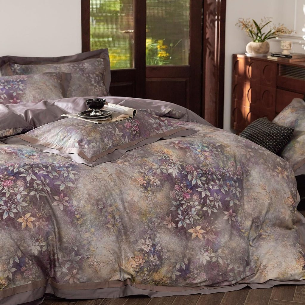mixinni Vintage Floral Duvet Cover Set - King Size, 100% Long Staple Cotton Percale, Reversible Purple Floral Bedding Set with Zipper Closu…