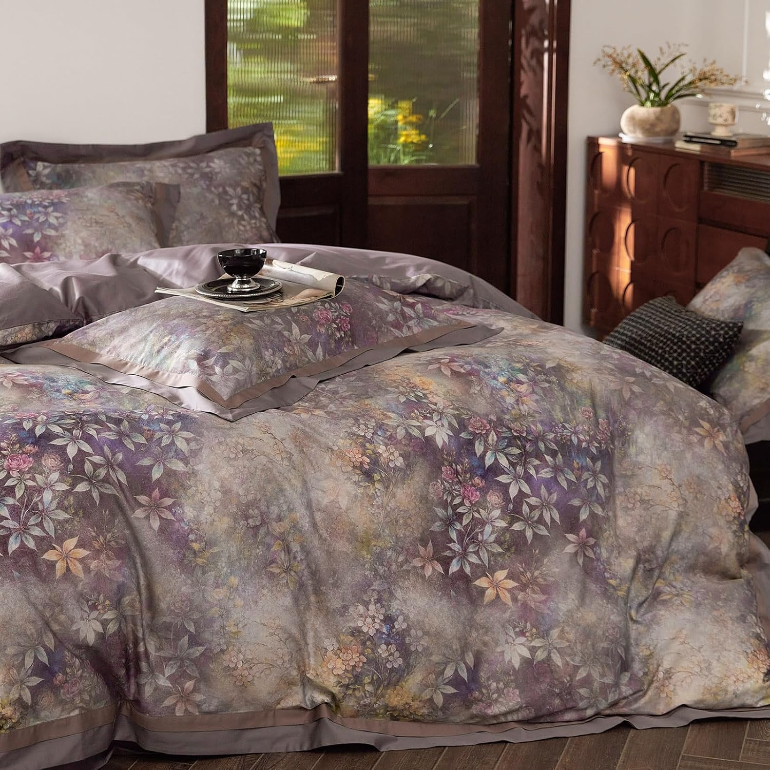 mixinni Vintage Floral Duvet Cover Set - King Size, 100% Long Staple Cotton Percale, Reversible Purple Floral Bedding Set with Zipper Closu…