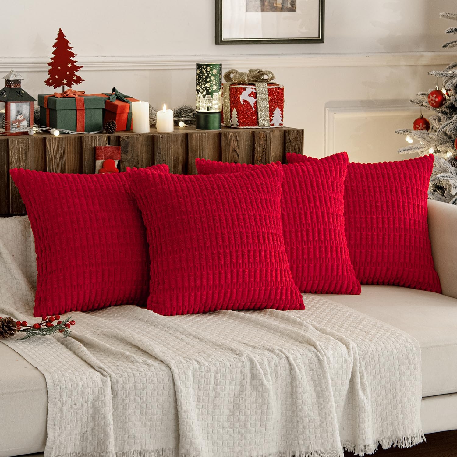 Miulee Pack of 4 Christmas Red Corduroy Decorative Throw Pillow Covers 20x20 Inch Soft Boho Striped Pillow Covers Modern Farmhouse Home Dec…