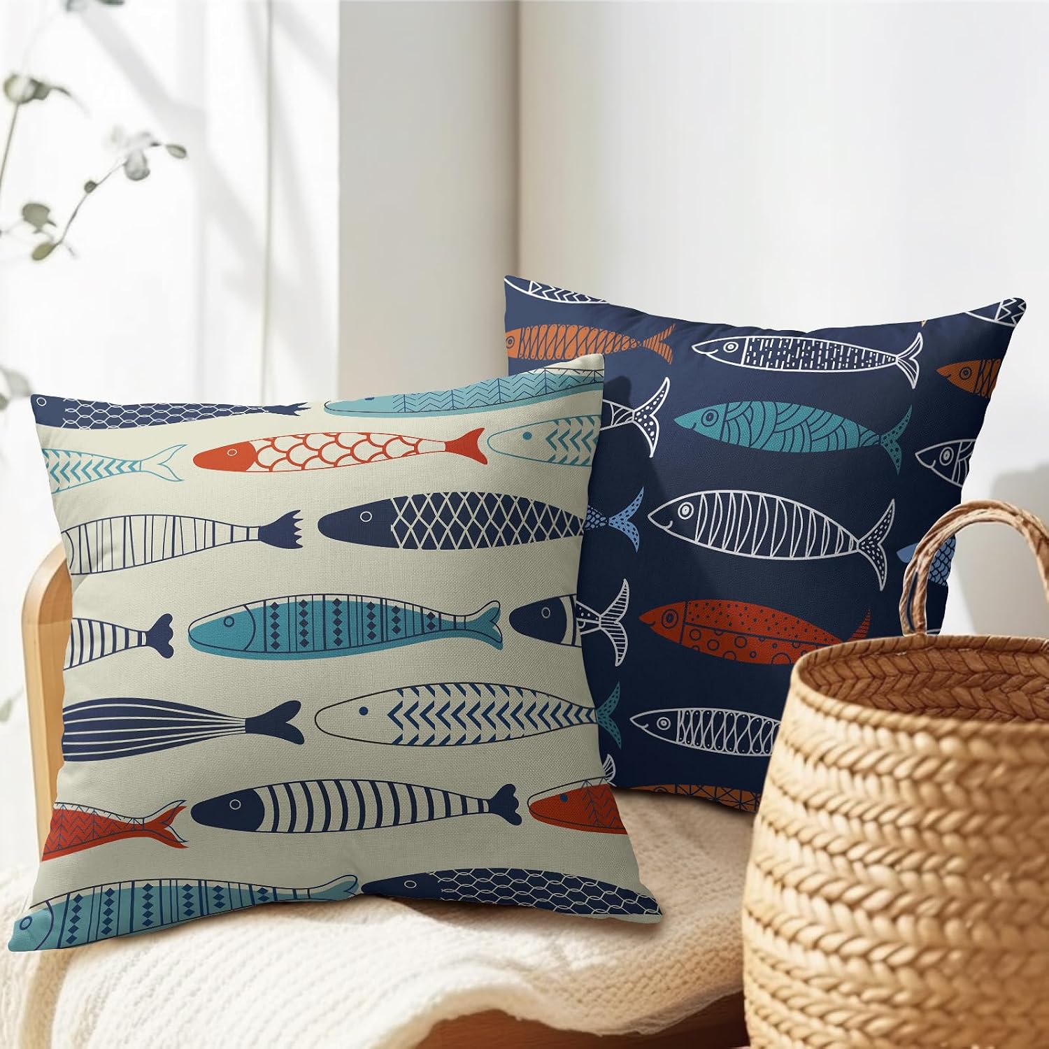 Fish Throw Pillow Covers Decorative Cotton Linen Pillowcases 22x22 inch Colorful Fish Pillow Case Set of 2 Nautical Theme Square Cushion…