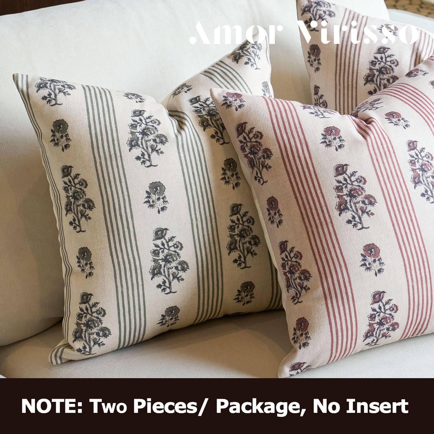 AffordableFloralPrintMaker Amor Virisso Floral Throw Pillow Covers 20x20 Set of 2 Block Print Pillow Covers Neutral Floral Striped Farmhous…