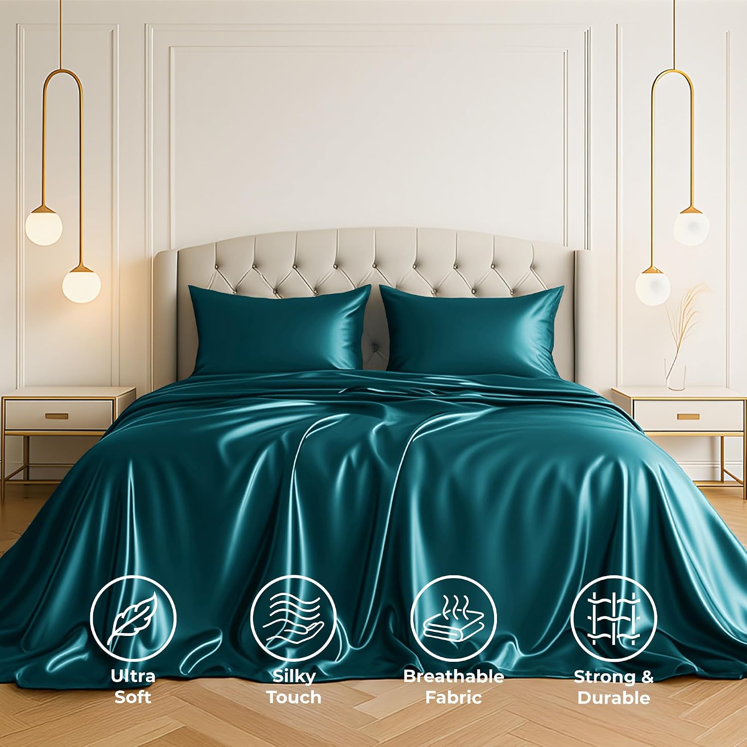 PureBedding Satin Sheets California King [4-Piece, Teal] Luxury Silky Bed Sheets - Extra Soft 1800 Microfiber Sheet Set, Wrinkle, Fade, Sta…