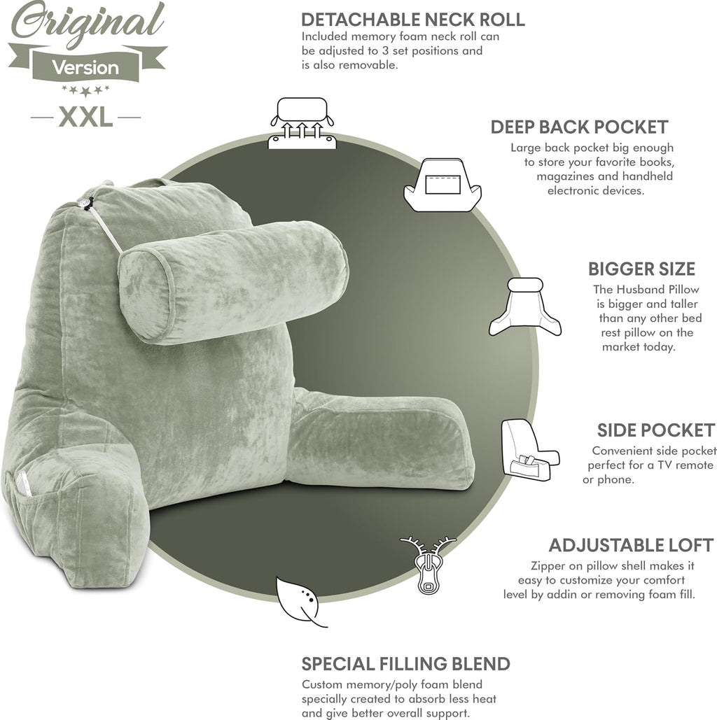 Husband Pillow XXL Reading Pillow for Bed Backrest with Arms - Desert Sage Adult - Unmatched Support Pillow for Sitting Up in Bed…