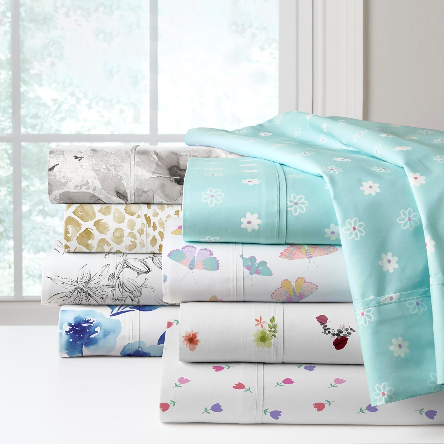 Pointehaven Floral Garden Printed Cotton Percale 3 pc Sheet Set, Twin