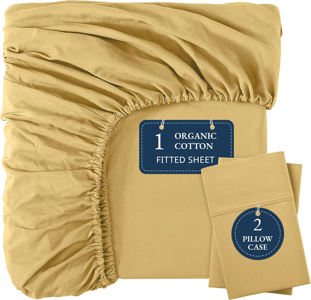 LANE LINEN 100% Organic Cotton Only Fitted Sheet Queen (+Pillowcases) 3-Piece Set, Low Pilling Fade Resistant Reinforsed Seams Machine…