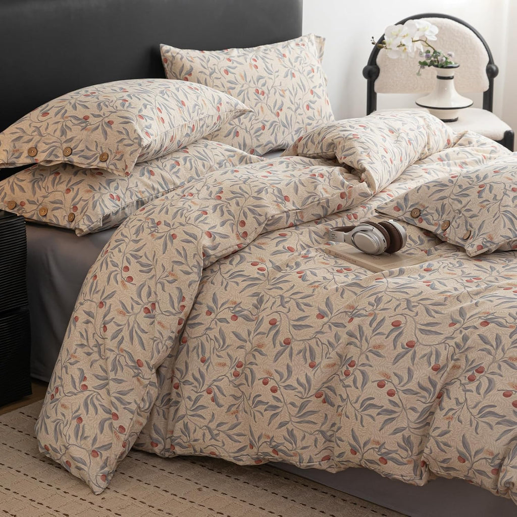 mixinni Cotton Linen Floral Duvet Cover Set King Size – Vintage Botanical Print Bedding with Wooden Button Closure, Soft Breathable Cotton…