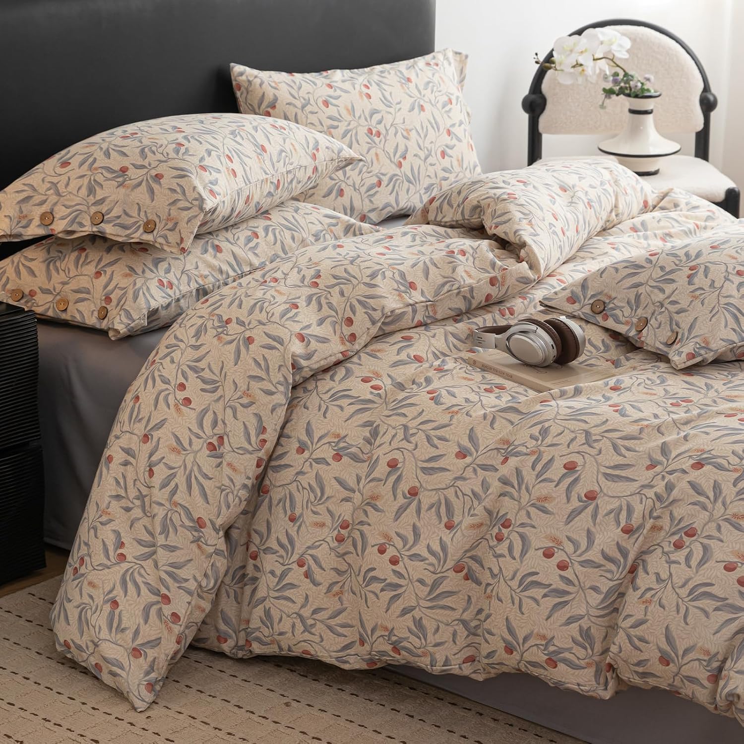 mixinni Cotton Linen Floral Duvet Cover Set King Size – Vintage Botanical Print Bedding with Wooden Button Closure, Soft Breathable Cotton…