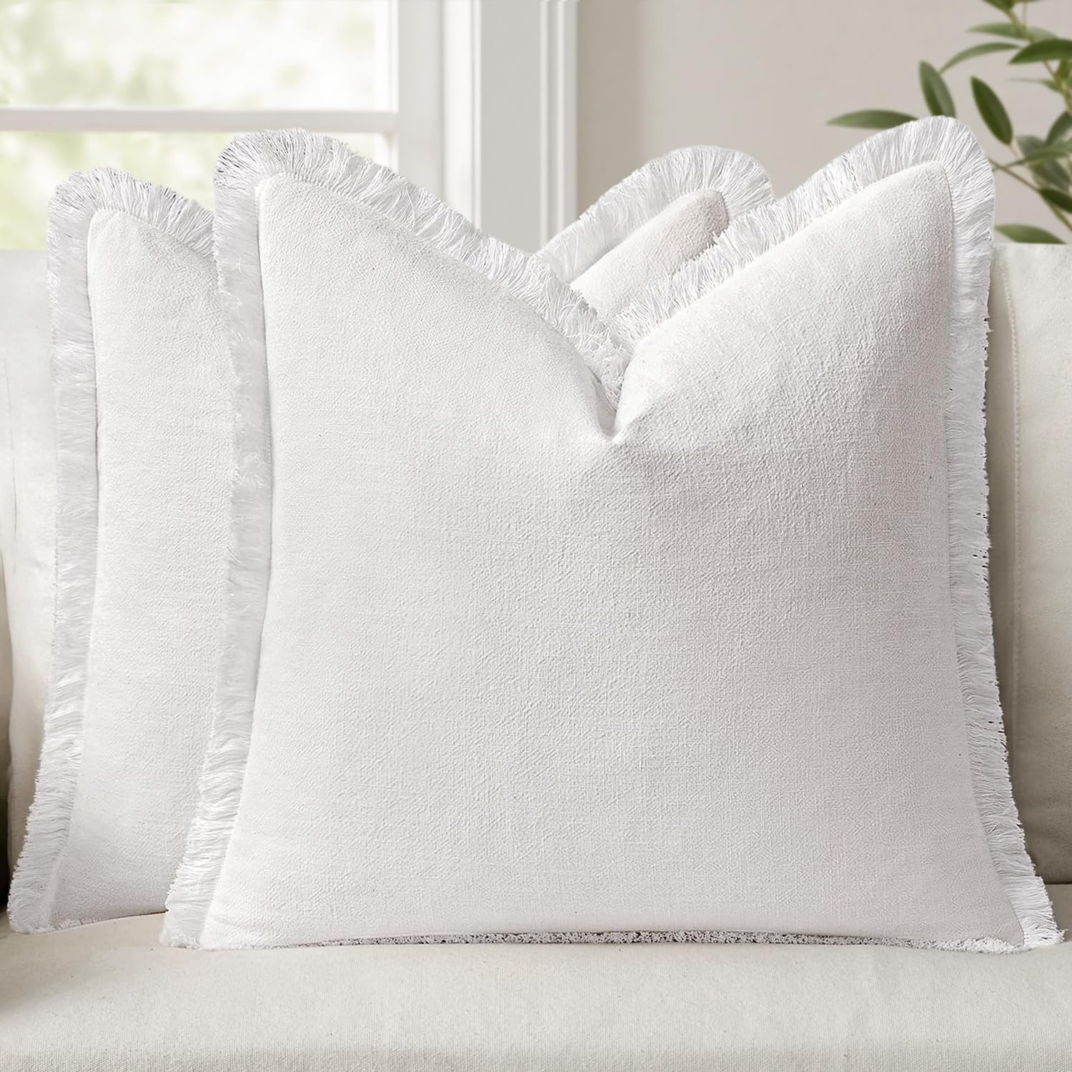Anroduo Set of 2 Decorative Throw Pillow Covers 22×22 Inch Soft Linen Fringe Farmhouse Boho Vintage Cushion Covers with Tassels Accent Pill…