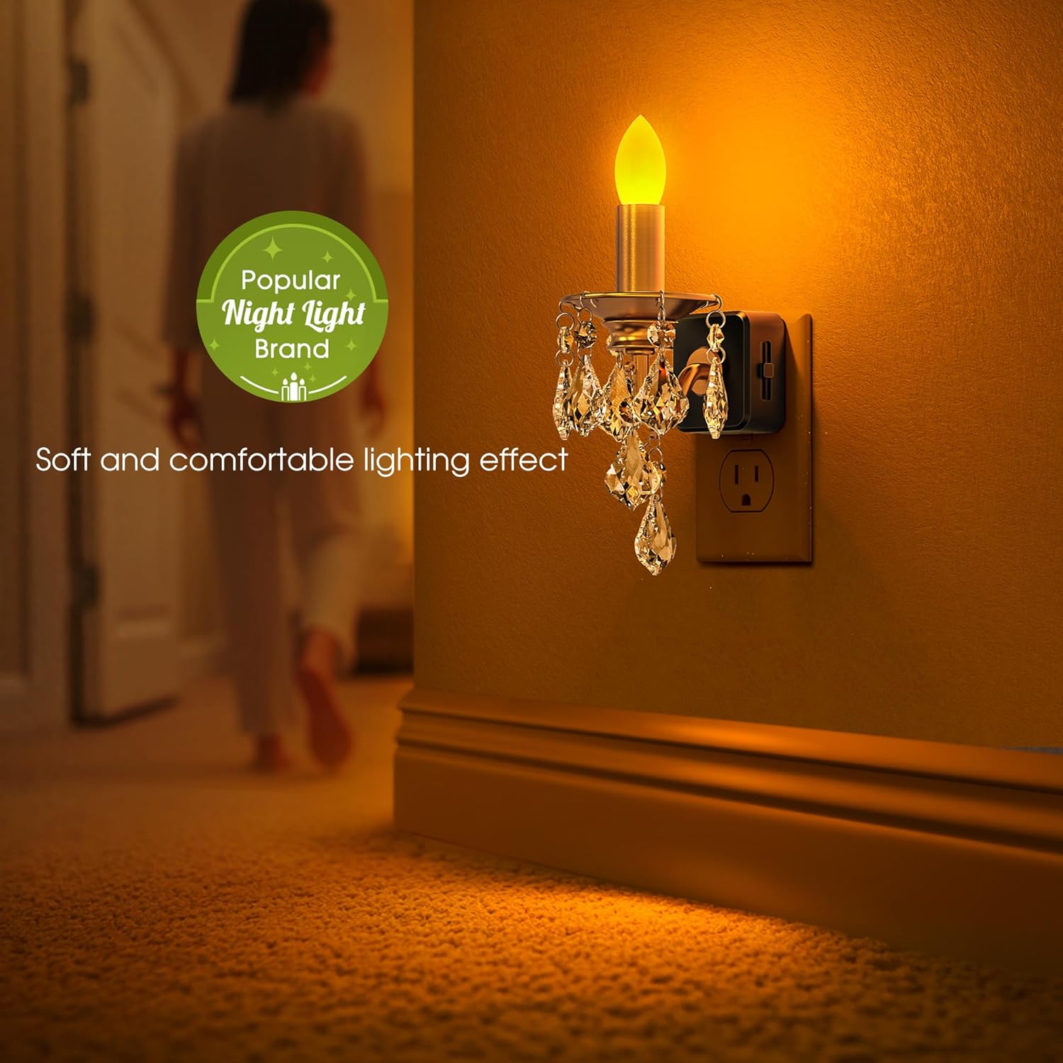 Briignite Candle Night Lights Plug into Wall, LED Amber Night Light with Dusk to Dawn Sensor, 0-100LM Dimmable, Decorative Gold…