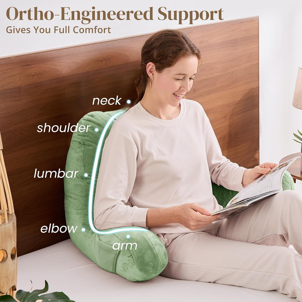 Sasttie Reading Pillow, Pillows for Reading or Relaxing – Ergonomic Support for Head, Neck, Back, and Lumbar, 21-Inch, Sage Green Green