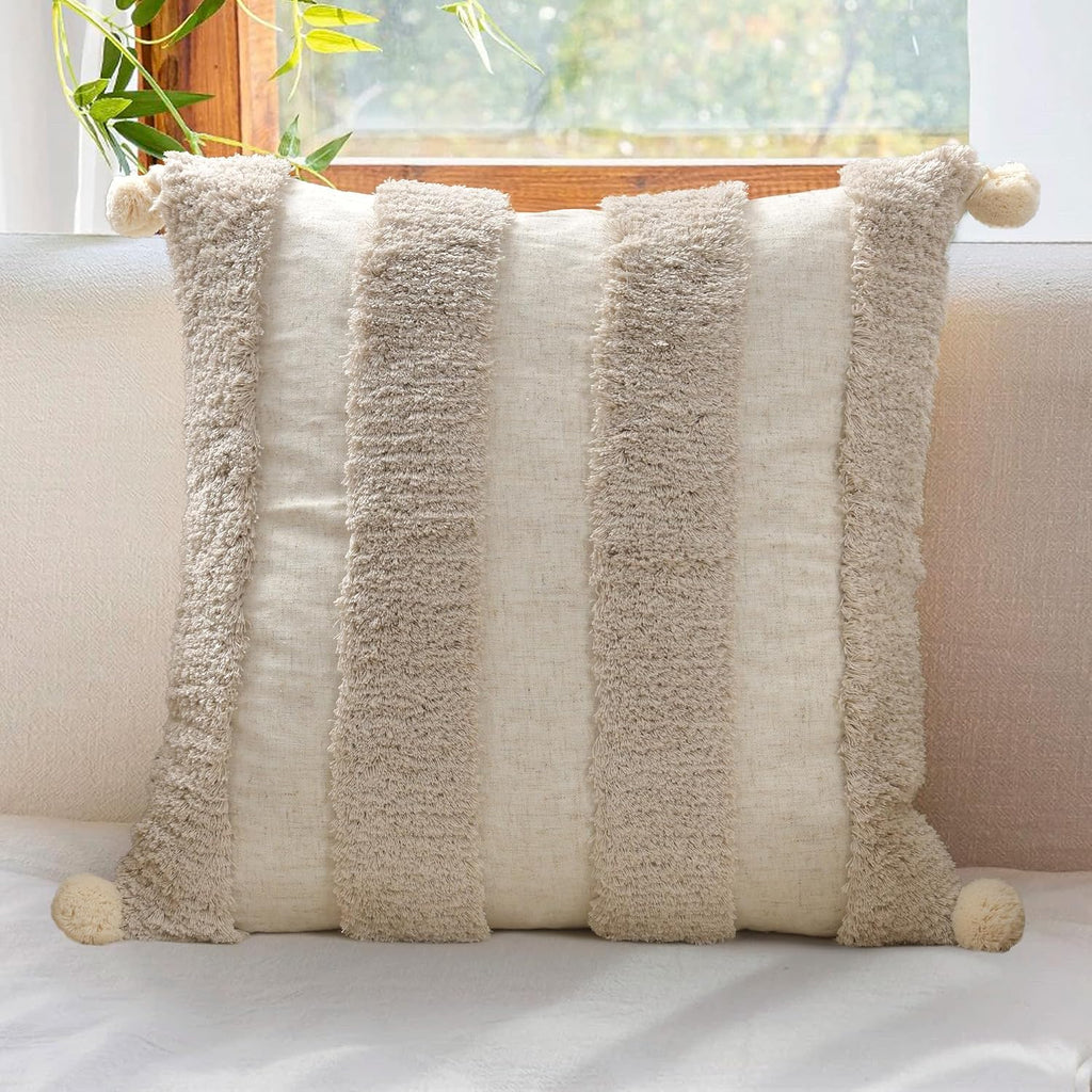 Loopuinhom Boho Pillow Covers 18X18 Inch Boho Tufted Linen Throw Pillow Covers Decorative Pompoms Cushion Cover Farmhouse Pillow Case for C…