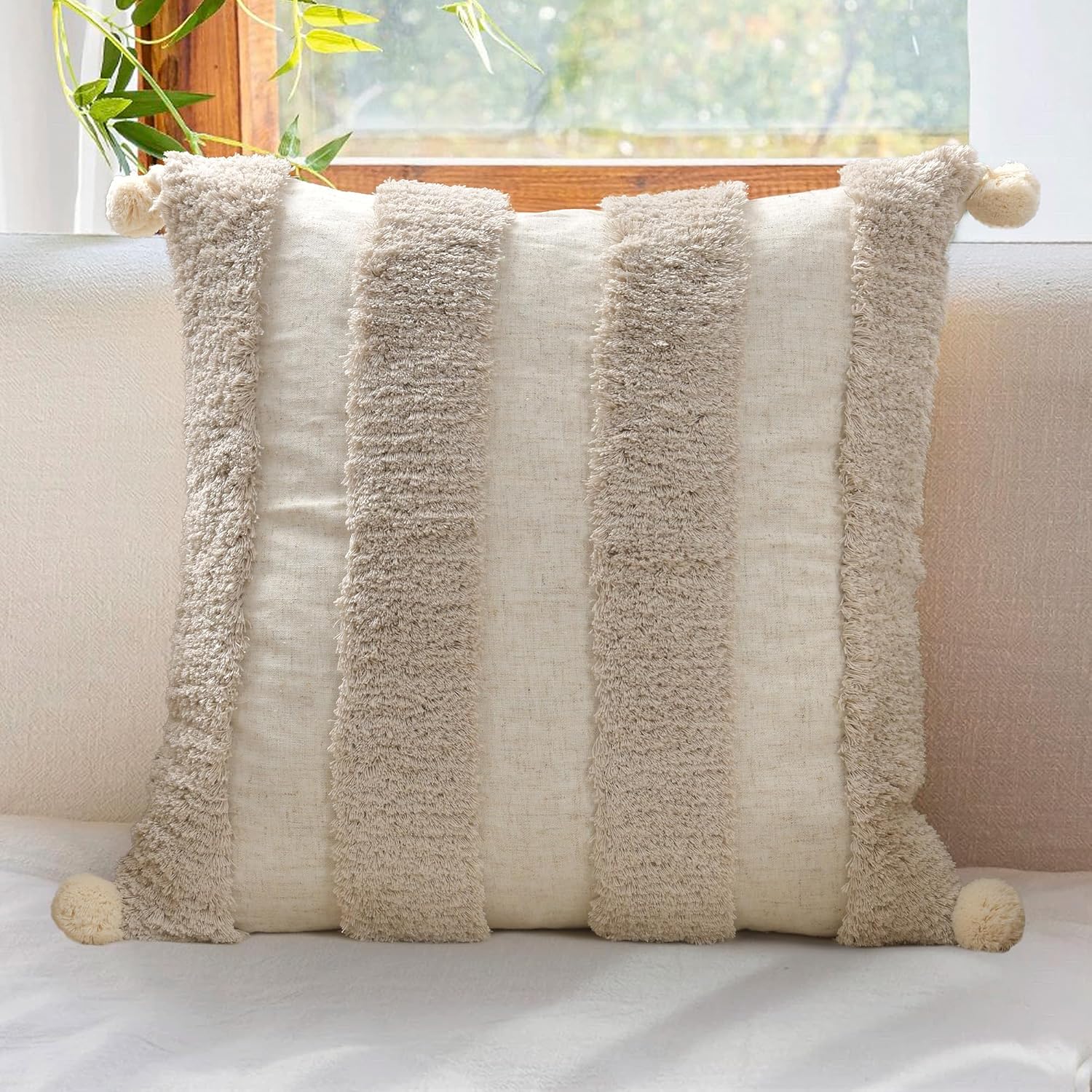 Loopuinhom Boho Pillow Covers 18X18 Inch Boho Tufted Linen Throw Pillow Covers Decorative Pompoms Cushion Cover Farmhouse Pillow Case for C…